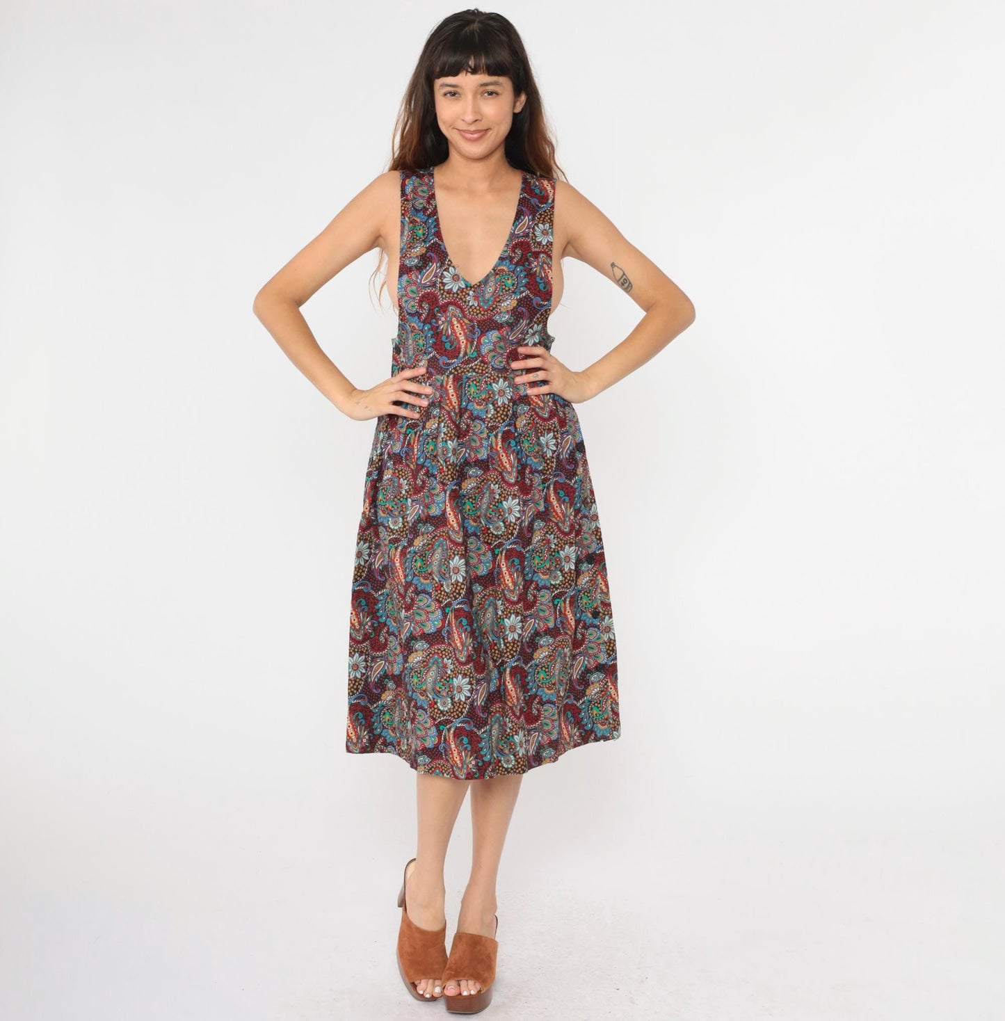 80s Paisley Cotton Midi Pinafore Dress Deep V Neck High Waist Small