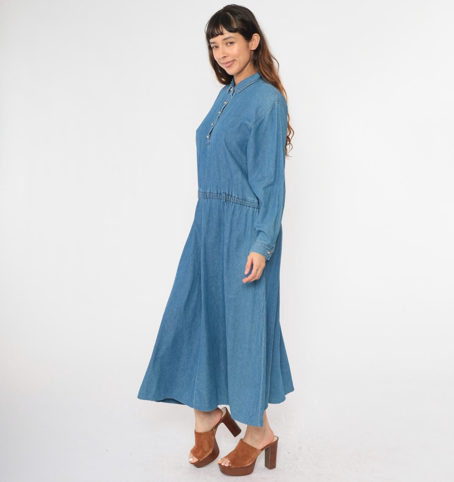 90s Coldwater Creek Denim Shirtdress Blue Jean Midi High Waist Large