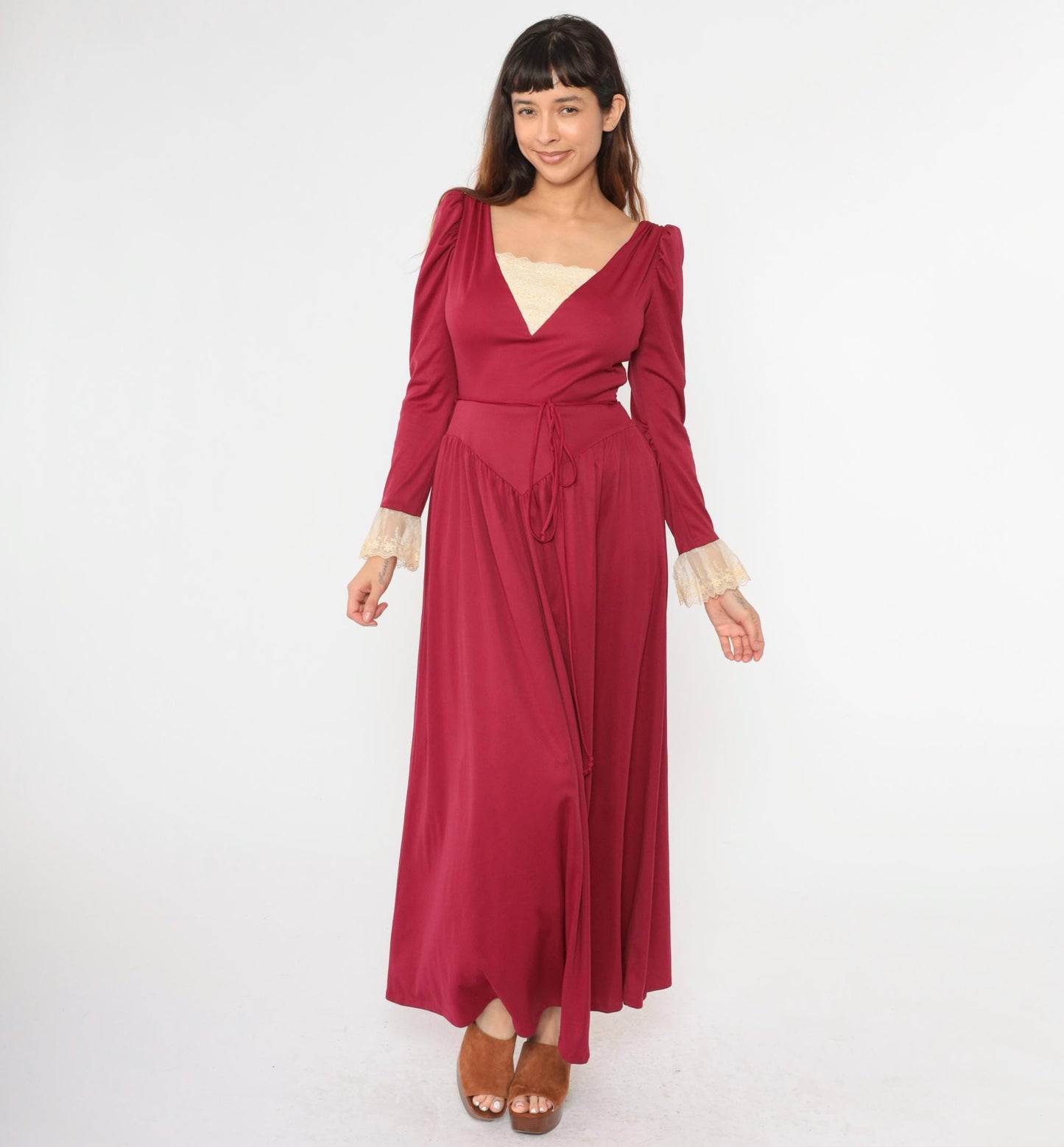 70s Bianchi Raspberry Maxi Dress Puff Sleeve Lace Trim High Waist Small