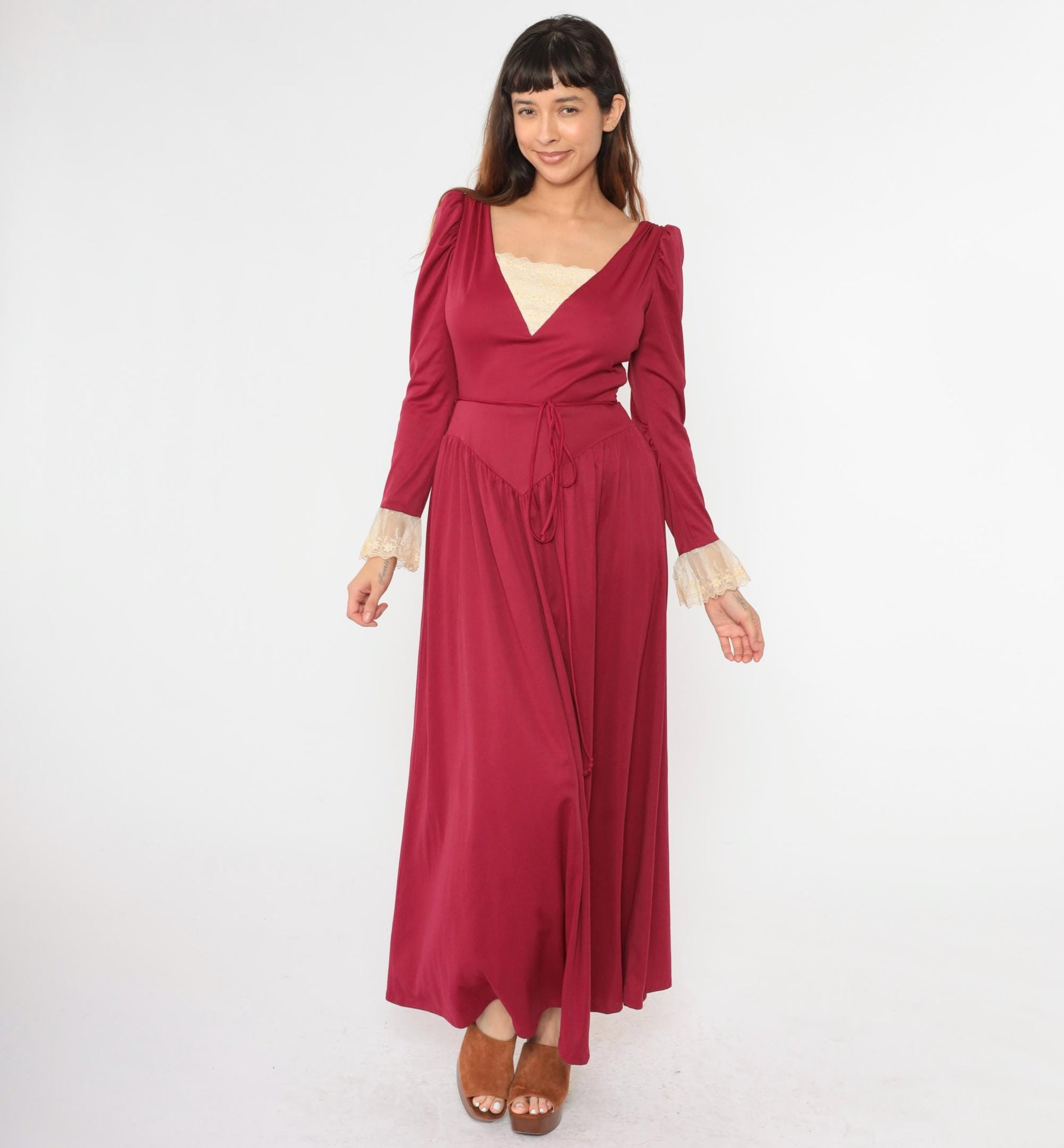 70s Bianchi Raspberry Maxi Dress Puff Sleeve Lace Trim High Waist Small