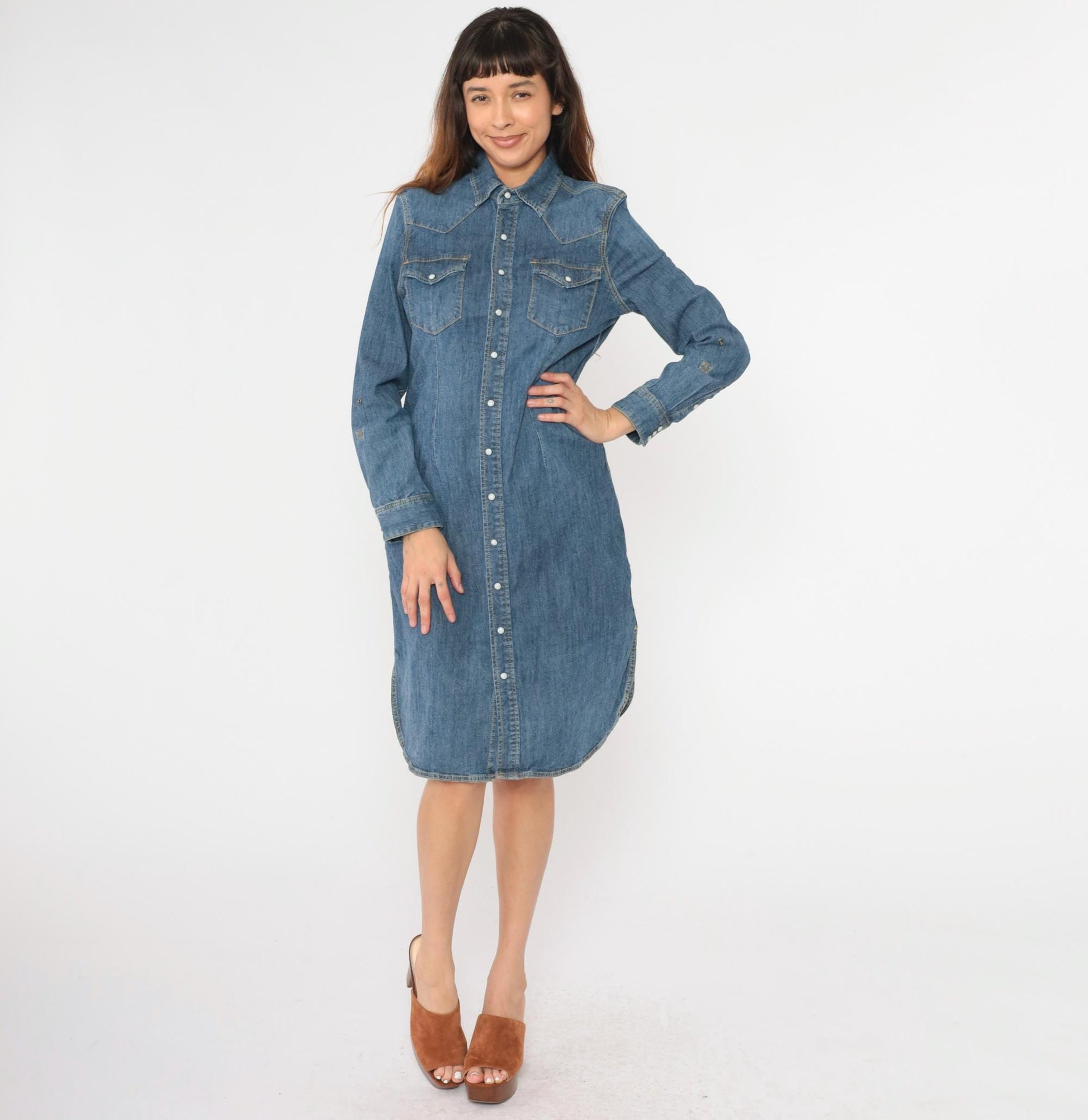 00s Reba Denim Midi Dress Pearl Snap Button-Up Sheath Blue Cotton Medium