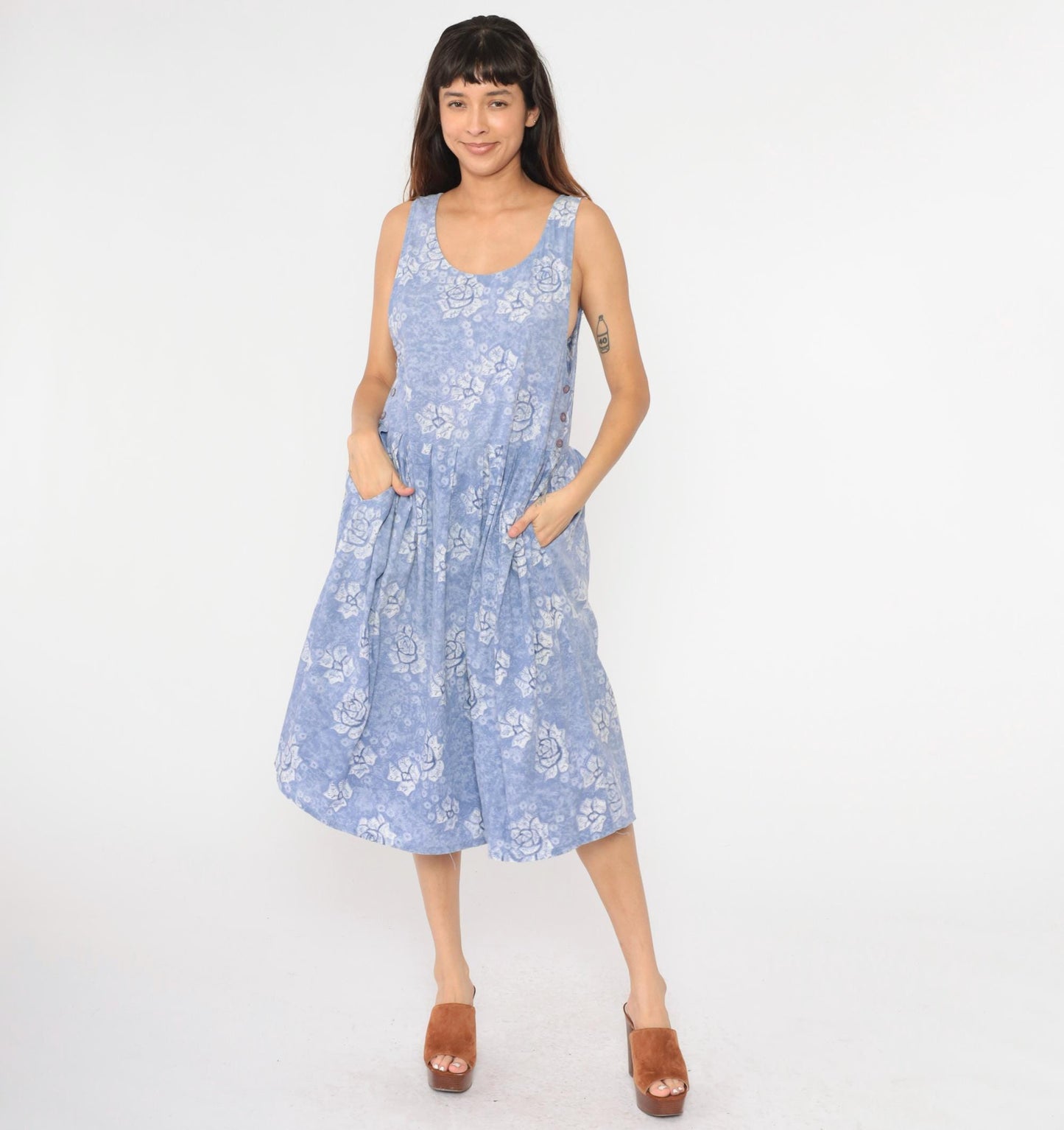 90s Periwinkle Floral Midi Dress Sleeveless Button Side Cotton Medium