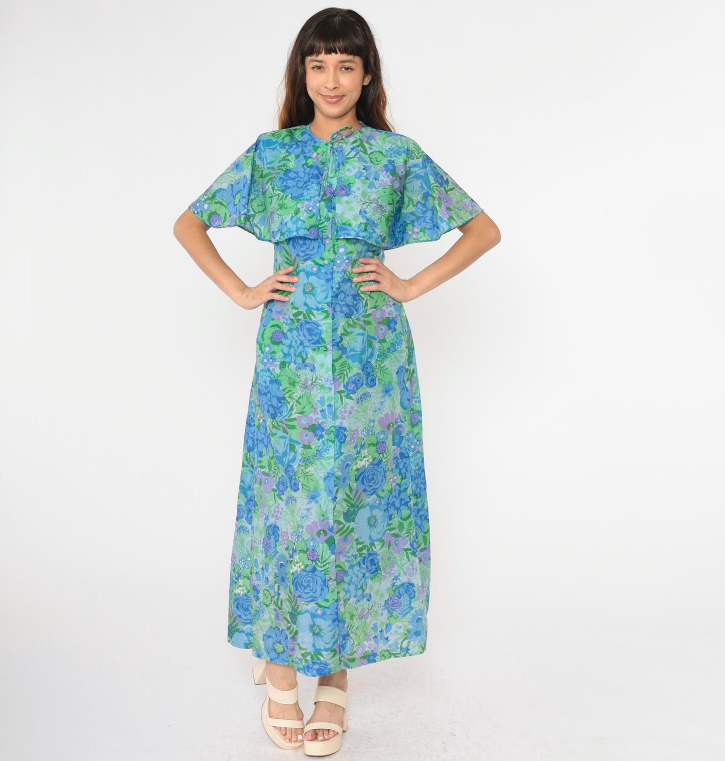 70s Lord & Taylor Floral Maxi Dress Blue Green Capelet Button Front Small