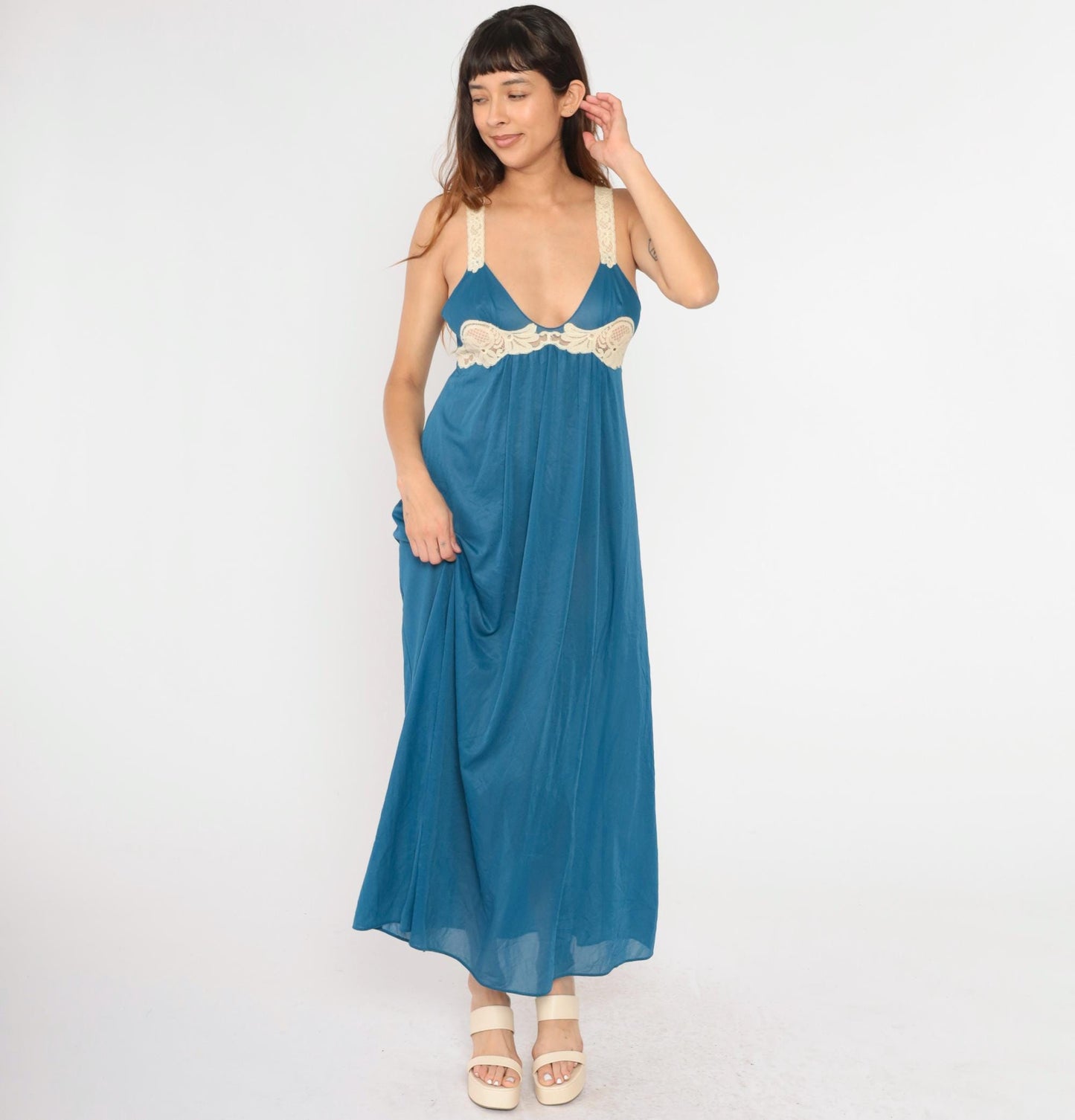 70s Kayser Blue Nylon Nightgown Cream Lace Trim Maxi Empire Waist Medium
