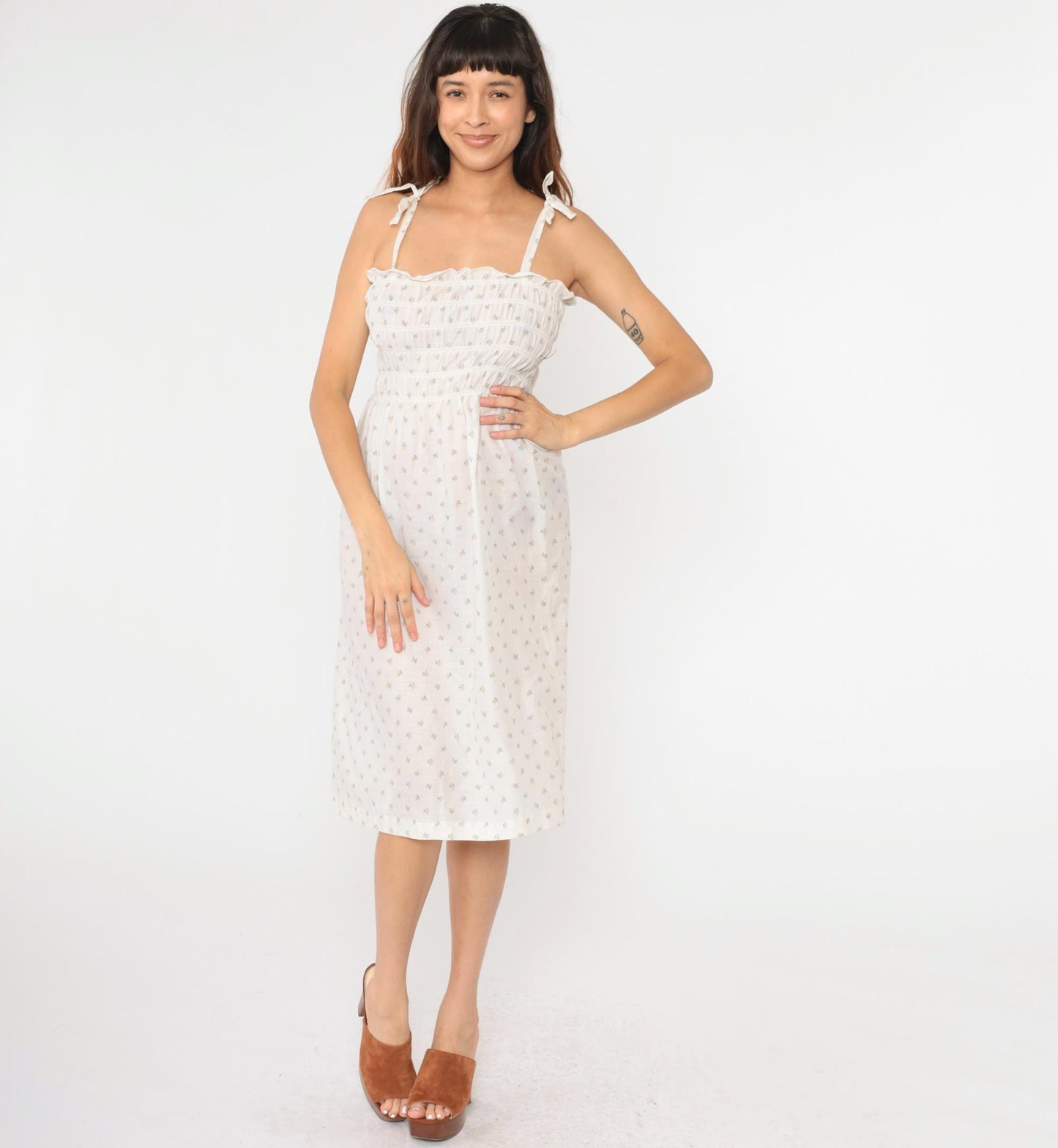 70s Floral Calico Sundress White Smocked Spaghetti Strap Midi Small