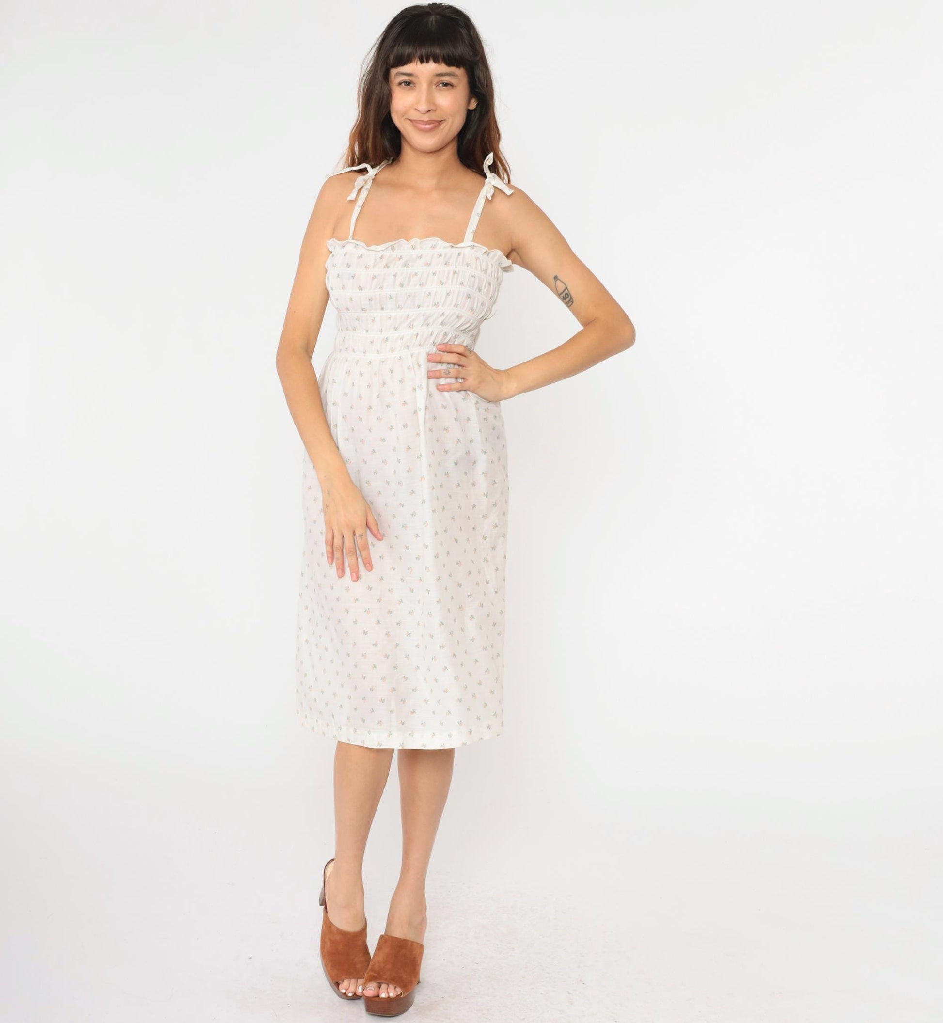 70s Floral Calico Sundress White Smocked Spaghetti Strap Midi Small