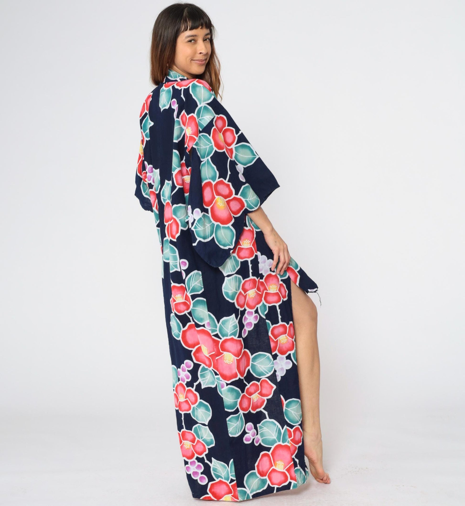 Y2K Japanese Floral Kimono Navy Blue Maxi Robe Open Front Small Medium Large