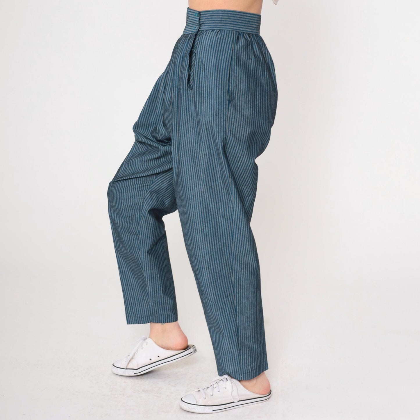 80s Parachute Pants Blue Grey Pinstripe High Waist Pleated Tapered Small