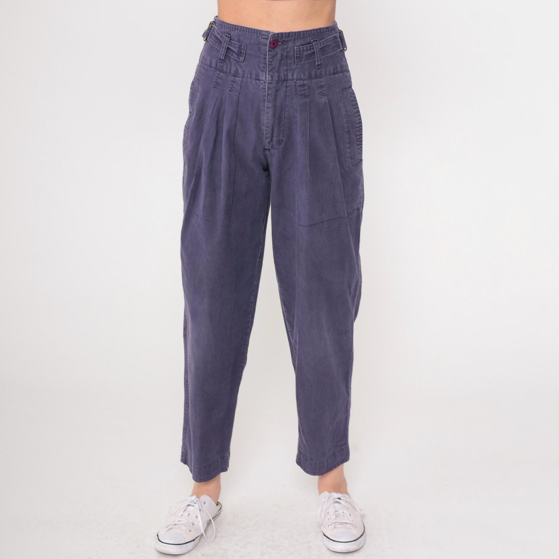 80s Purple High-Waisted Pleated Tapered Trousers Cotton Small 7