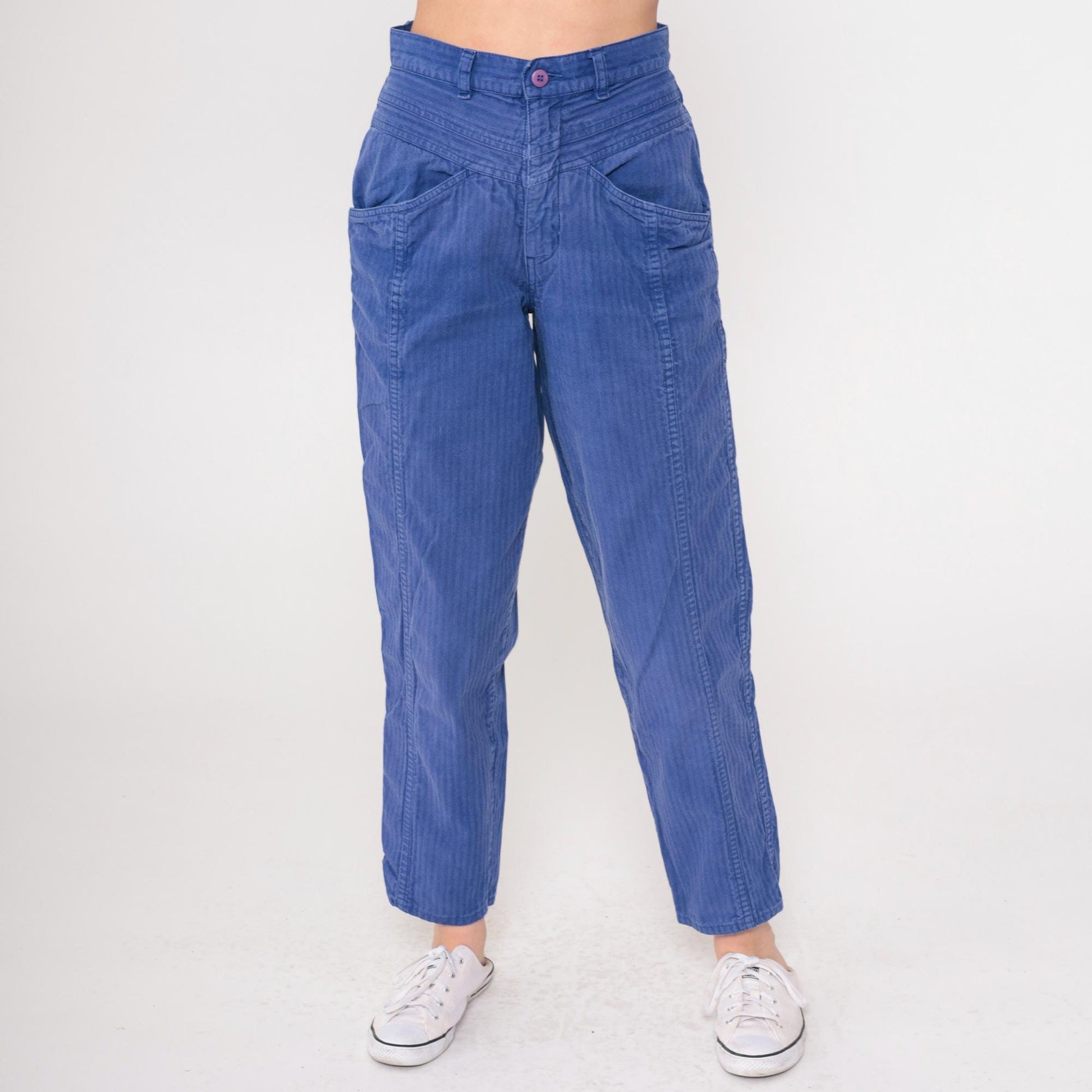 90s Blue Pinstriped High-Waist Tapered Pants Cotton Small