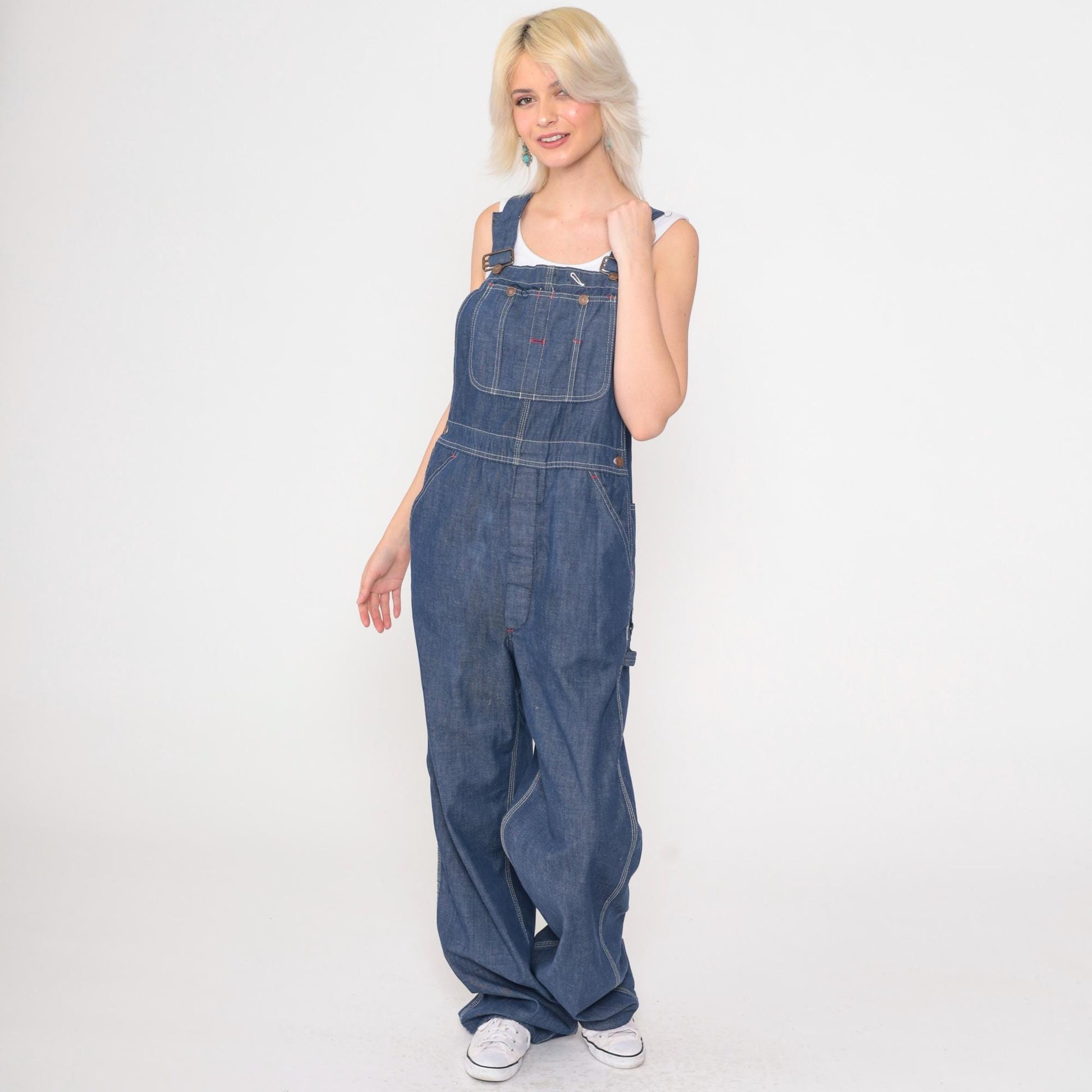 70s Dark Blue Denim Bib Overalls Wide Leg Long Dungarees Small S