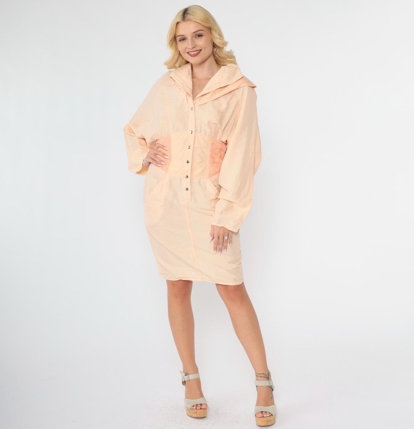 80s Marshall Rousso Peach Snap Mini Shirtdress High Waist Small