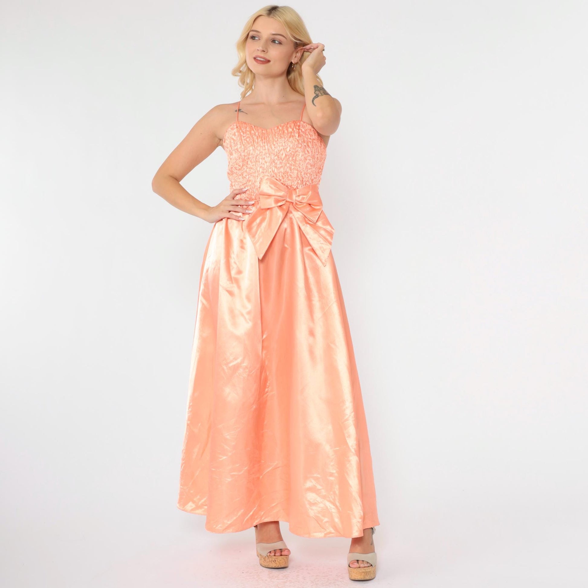 80s Peach Satin Maxi Gown Sweetheart Neckline Bow Waist Ruched XXS