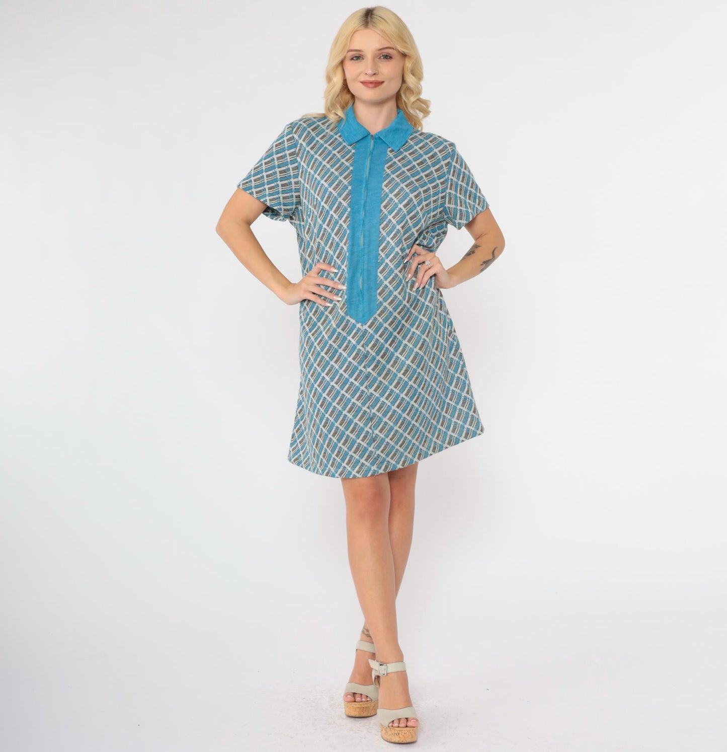 70s Plaid Shift Dress Mini Blue Brown Checkered Front Zip Collar Extra Large
