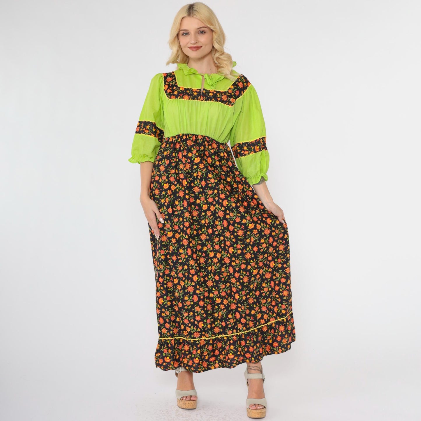 70s Floral Maxi Dress Lime Green Black Orange Puff Sleeve High Waist Small