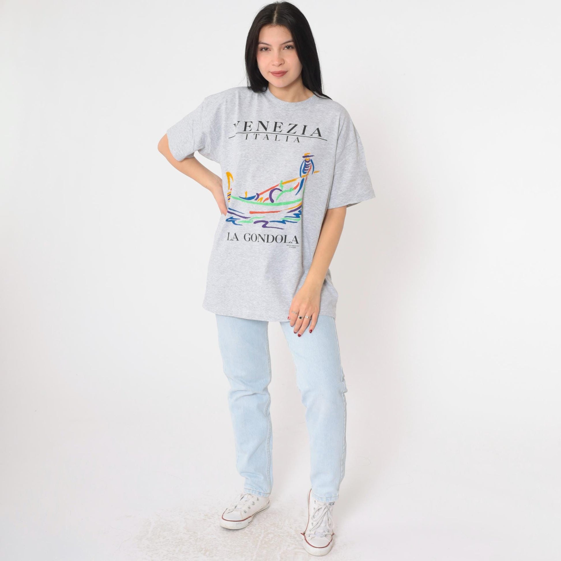90s Venezia Italia La Gondola Venice Graphic T-Shirt Grey Large L