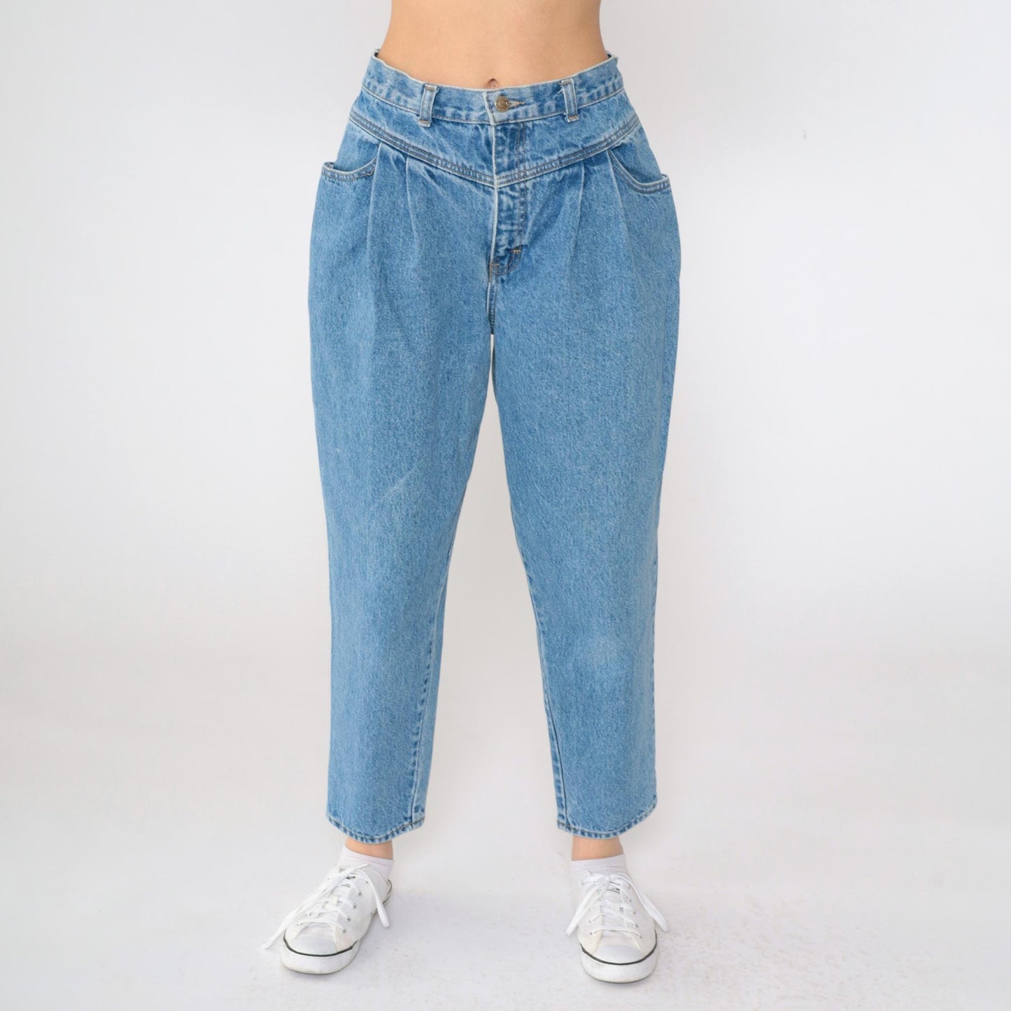90s Calvin Klein Pleated Mom Jeans High Waisted Tapered Ankle Blue Medium