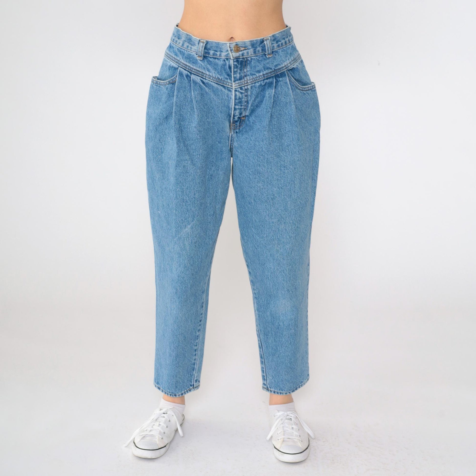 90s Calvin Klein Pleated Mom Jeans High Waisted Tapered Ankle Blue Medium