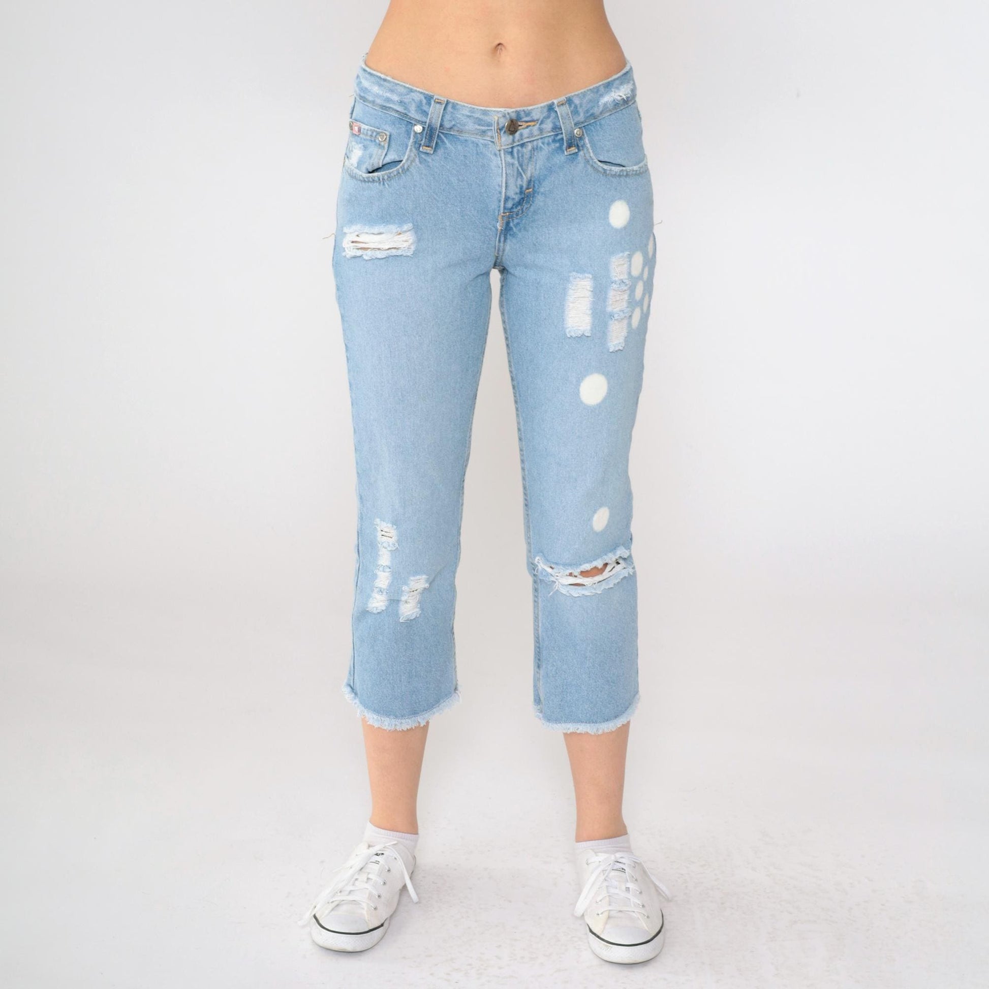 Y2K Mudd Distressed Capri Jeans Light Blue Bleach Splattered Mid Rise Size 3