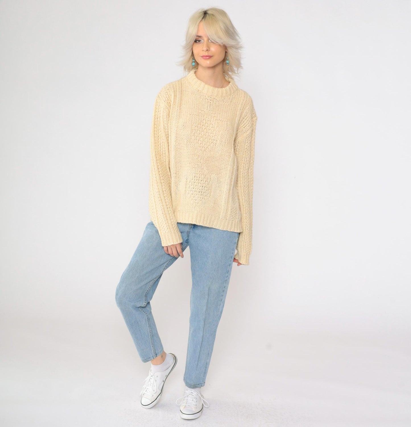 70s Inter Vale Wool Blend Sweater Cream Star Design Crewneck Large L