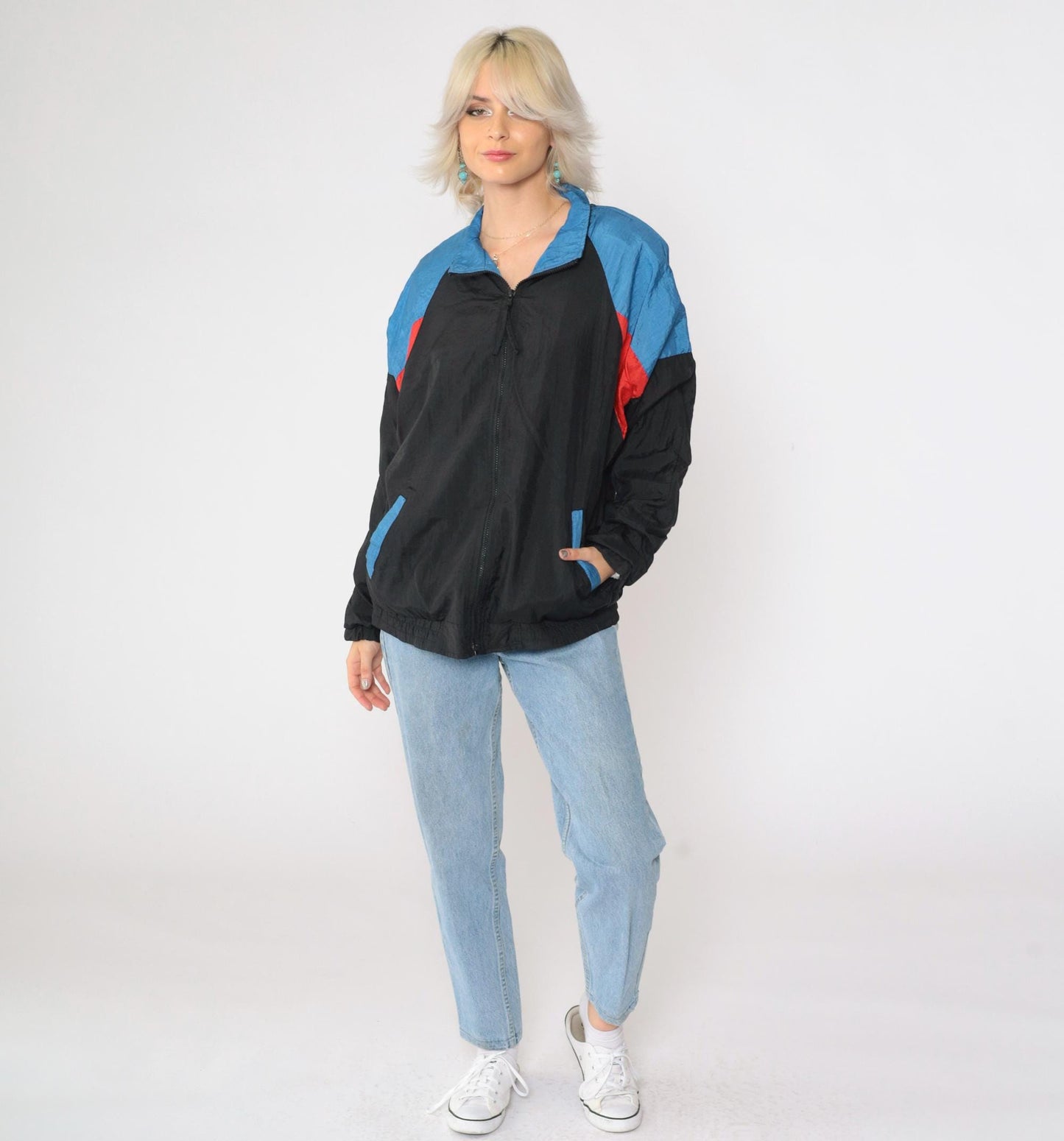 90s Copper Key Windbreaker Black Red Blue Color Block Raglan Large L