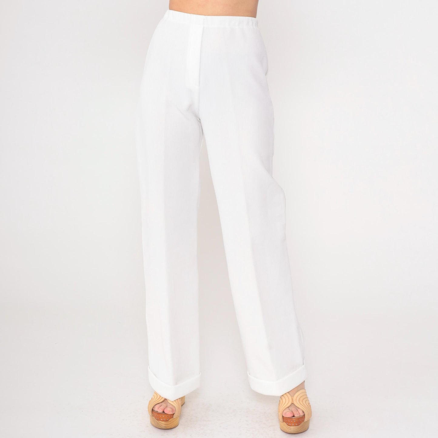 70s White Ribbed Polyester High-Rise Straight Leg Pants Elastic Waist XS