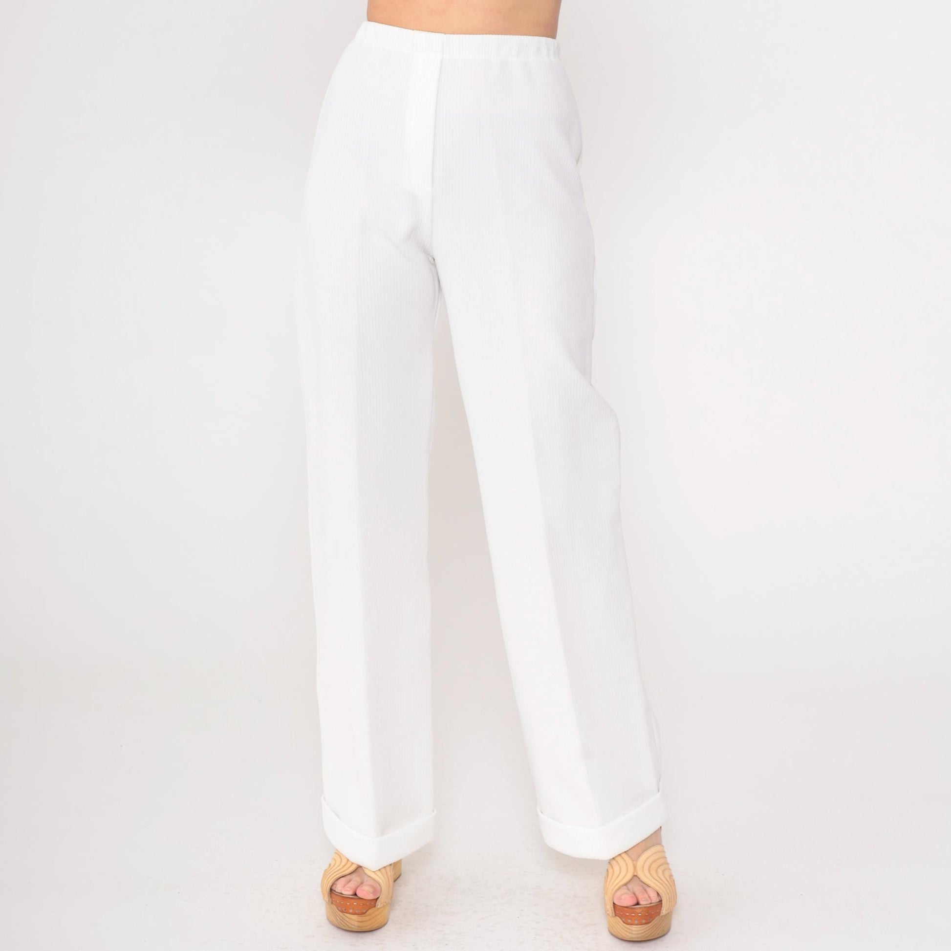 70s White Ribbed Polyester High-Rise Straight Leg Pants Elastic Waist XS