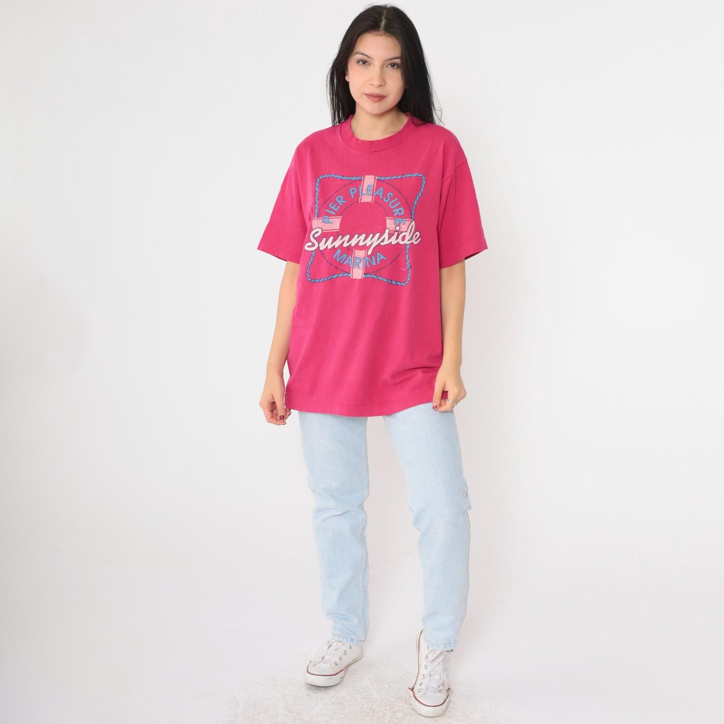 90s Pier Pleasure Sunnyside Marina Graphic T-Shirt Hot Pink Cotton Large L