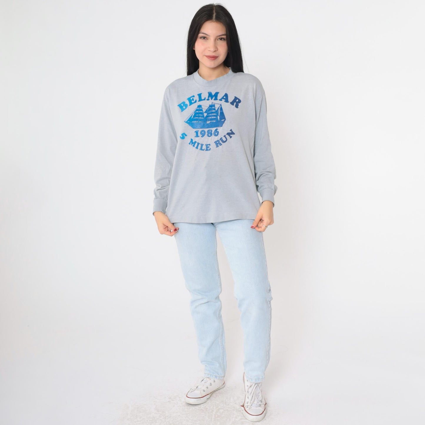 1986 Belmar 5 Mile Run Long Sleeve Graphic Tee Grey Sailboat Medium Large
