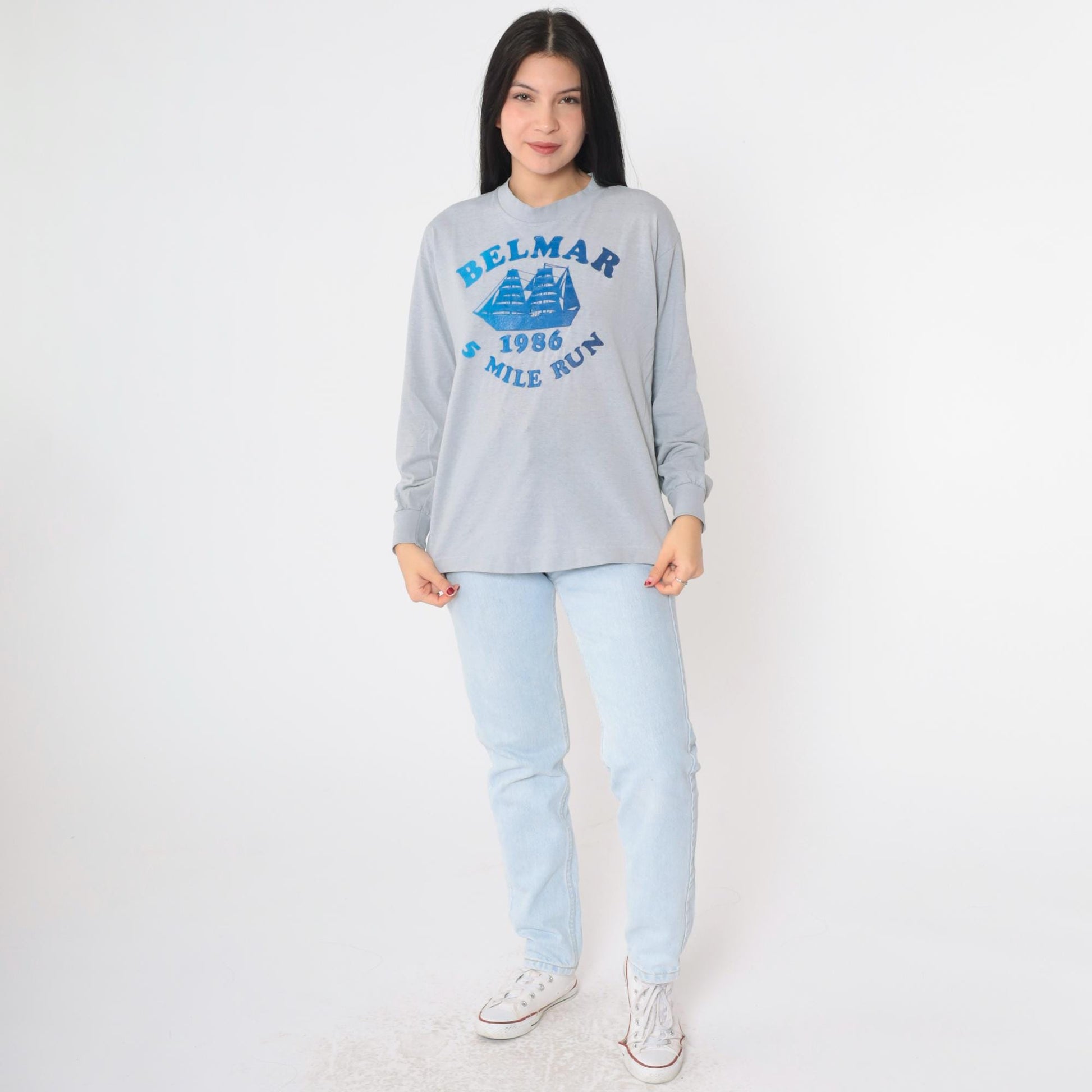 1986 Belmar 5 Mile Run Long Sleeve Graphic Tee Grey Sailboat Medium Large