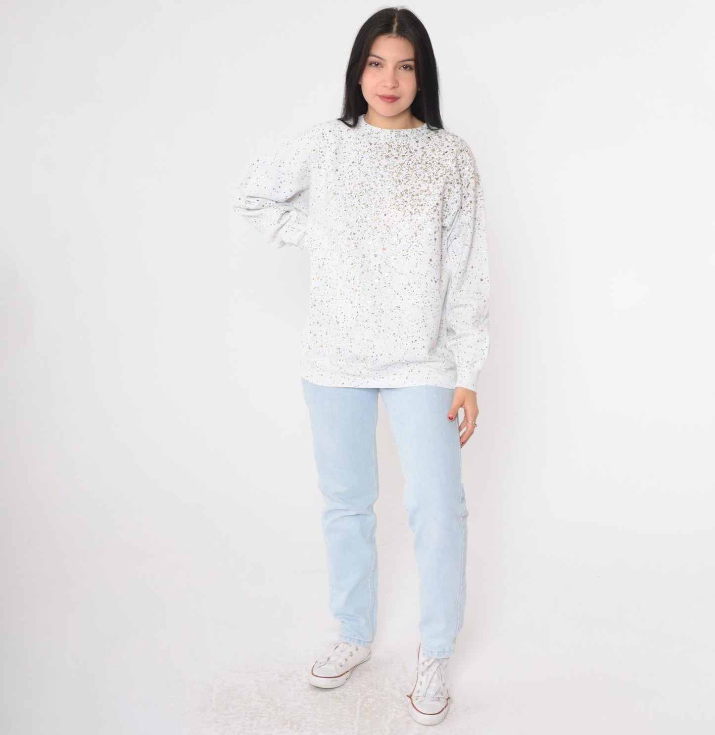 90s White Sweatshirt Gold Sequin Paint Splatter Metallic Graphic Medium