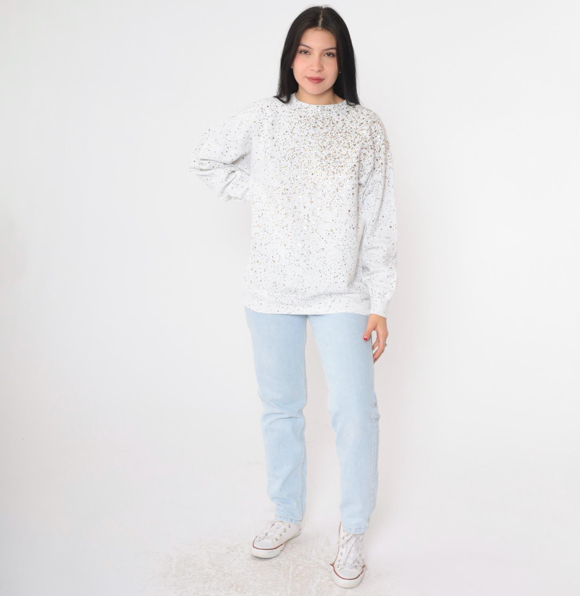 90s White Sweatshirt Gold Sequin Paint Splatter Metallic Graphic Medium