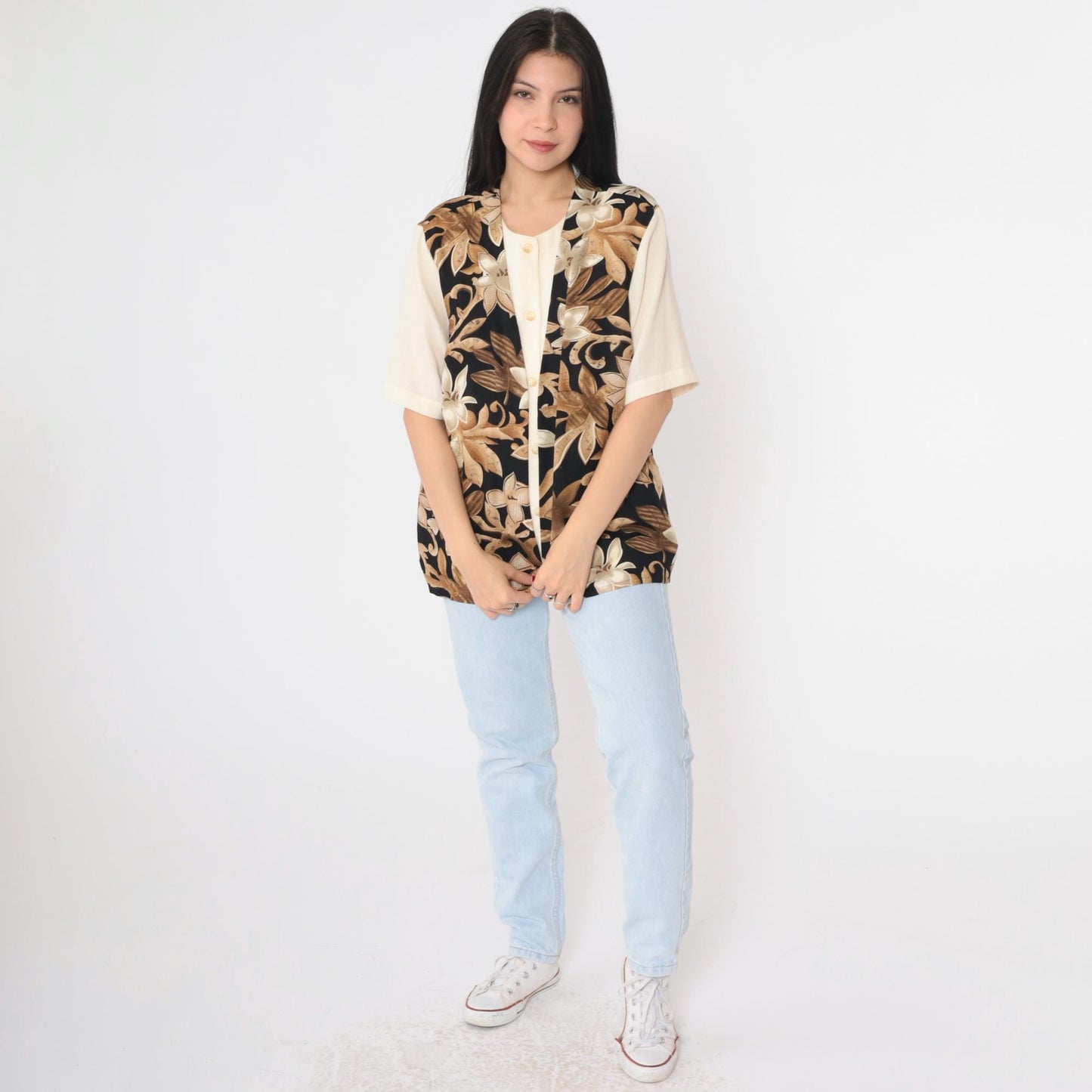 90s Alfred Dunner Floral Vest Blouse Cream Button Up Short Sleeve Large 14