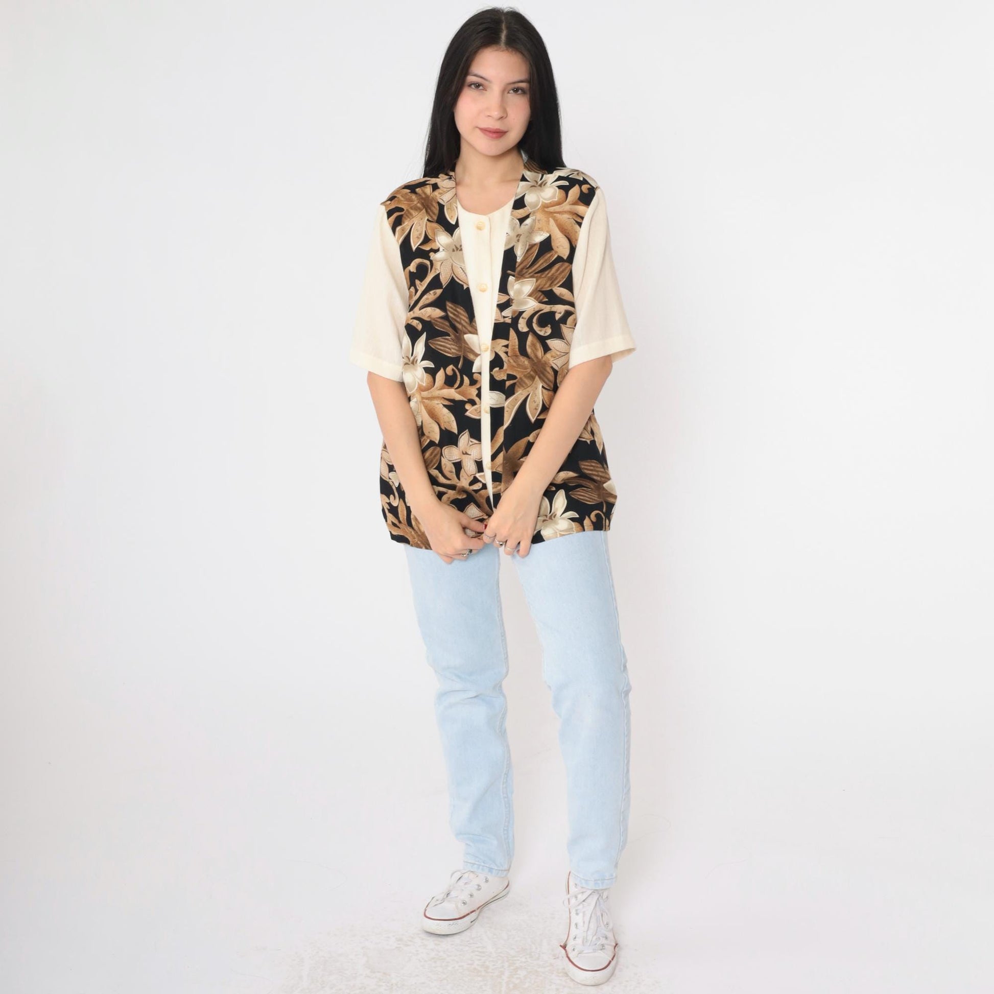 90s Alfred Dunner Floral Vest Blouse Cream Button Up Short Sleeve Large 14