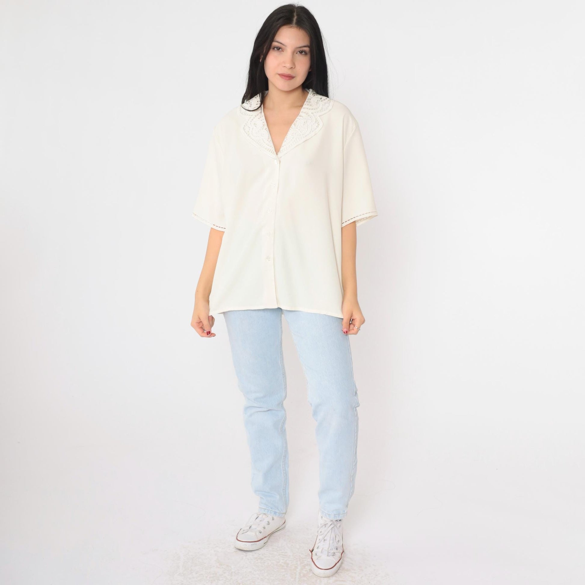 90s Worthington Off-White Embroidered Cutwork Button-Up Blouse Short Sleeve Extra Large XL