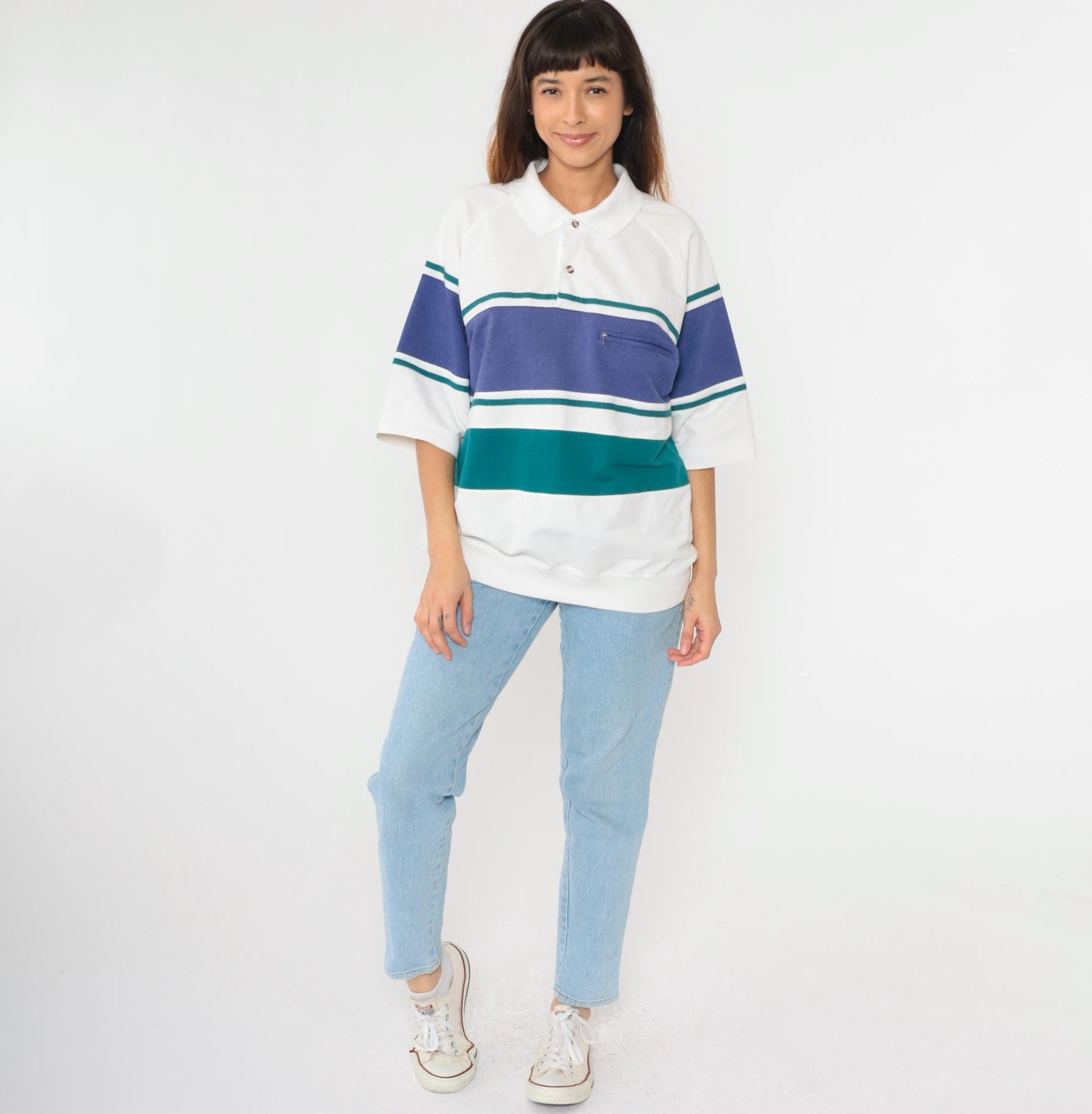 90s Jantzen Striped Polo Shirt White Blue Green Collared Short Sleeve Large L