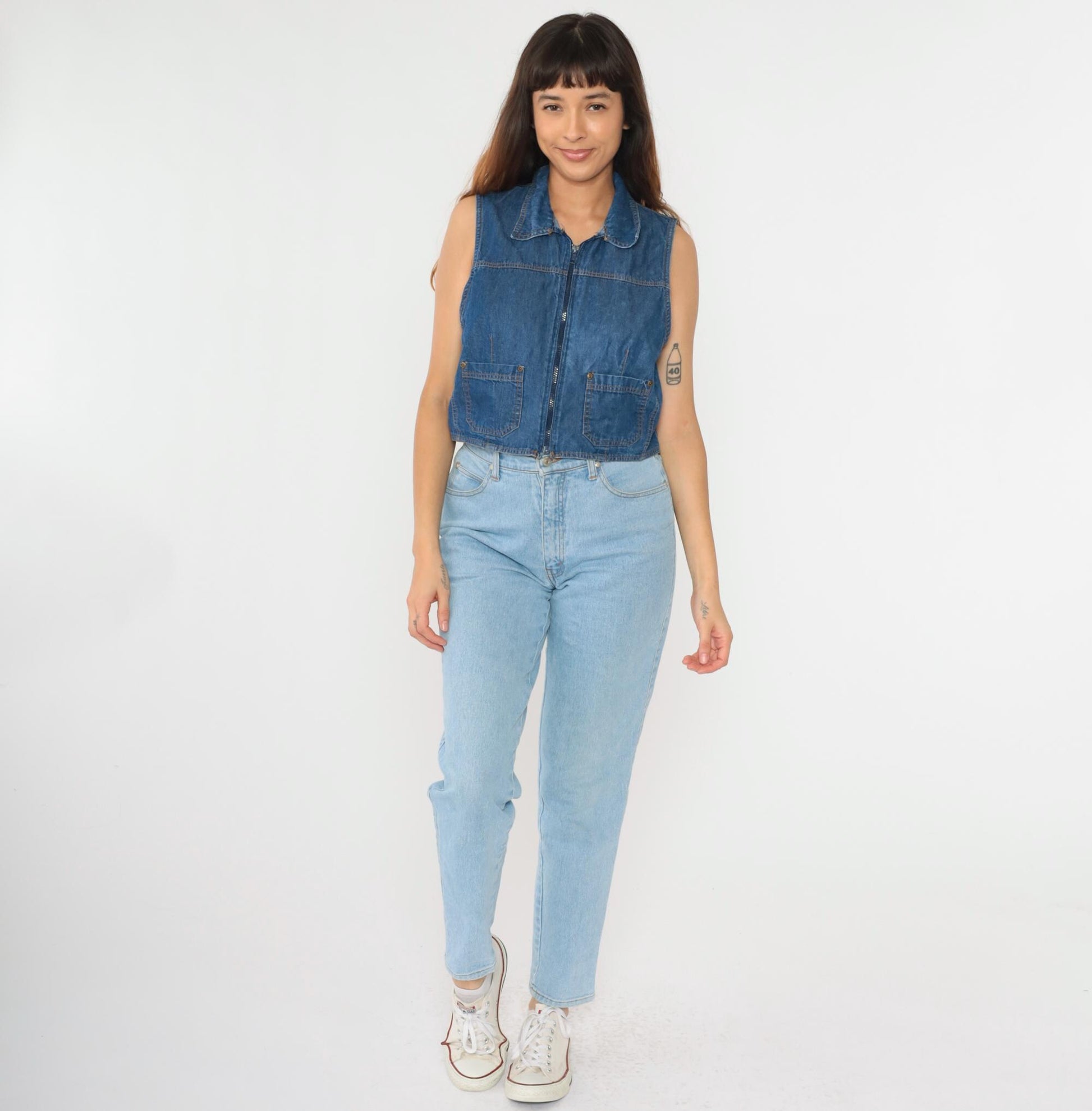 90s Blue Denim Zip Vest Cropped Sleeveless Jean Top Large