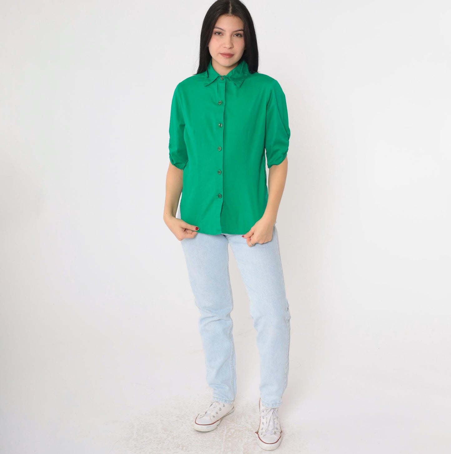 90s Kelly Green Button-Up Blouse Princess Seam Fitted Collared Top Medium