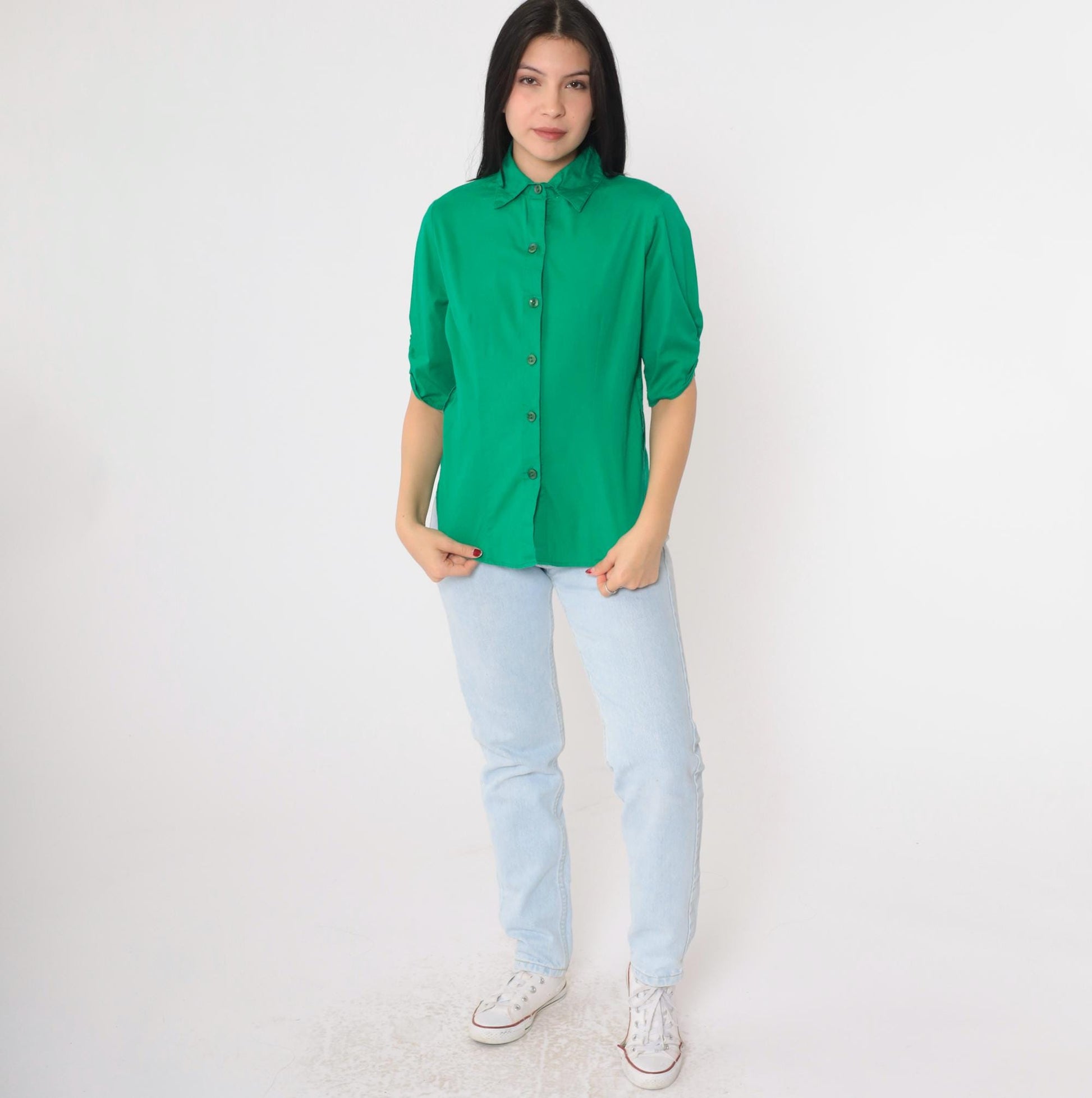 90s Kelly Green Button-Up Blouse Princess Seam Fitted Collared Top Medium