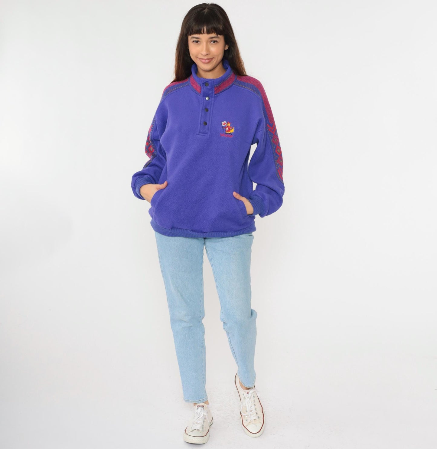 90s Whistler Fleece Sweatshirt Purple Nordic Trim Snap Neck Medium M