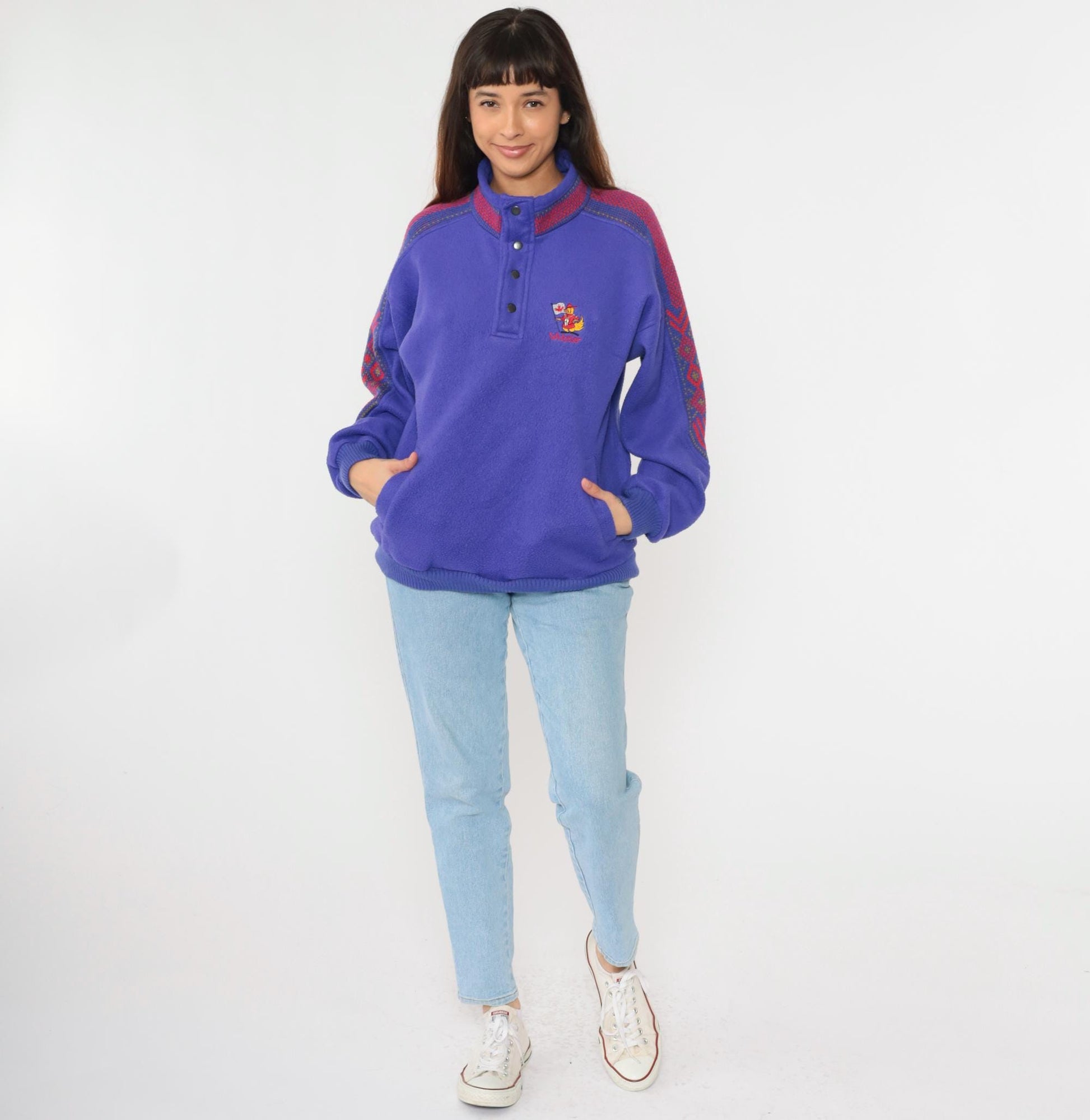 90s Whistler Fleece Sweatshirt Purple Nordic Trim Snap Neck Medium M