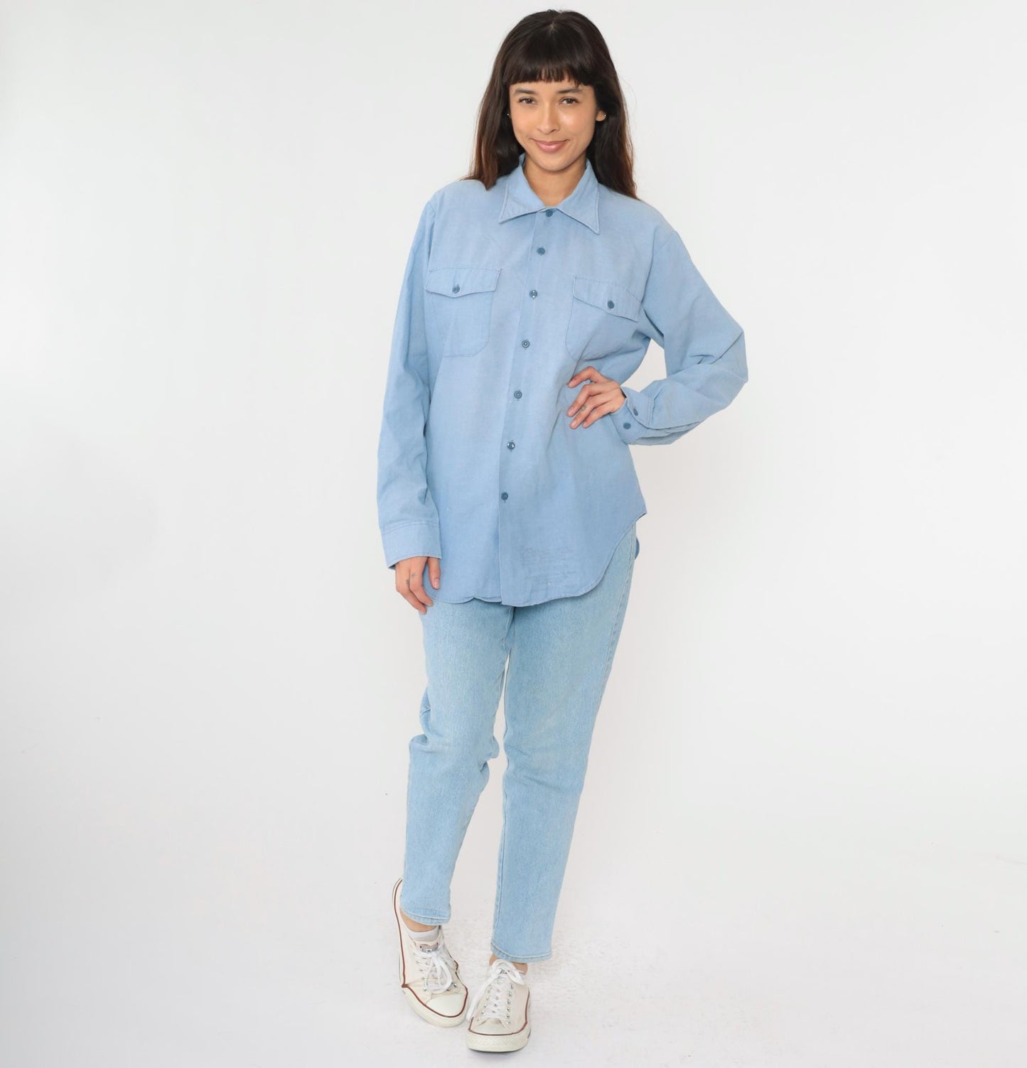 80s Blue Oxford Button-Up Shirt Paint Splatter Long Sleeve Large L