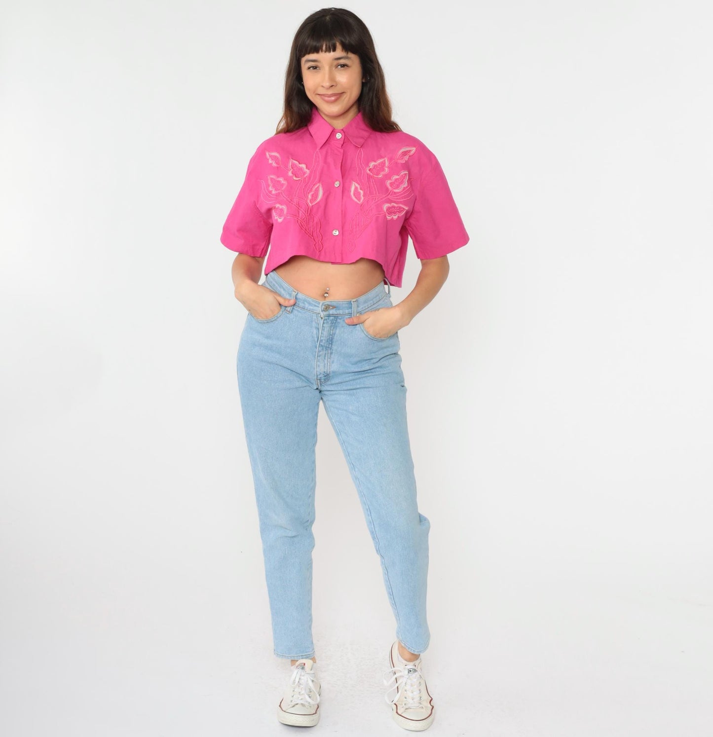 90s Pink Floral Embroidered Cutout Crop Blouse Button Up Medium Large