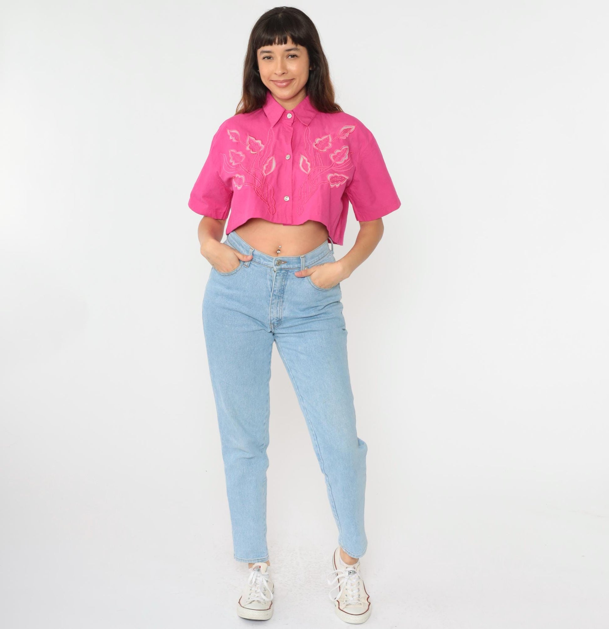 90s Pink Floral Embroidered Cutout Crop Blouse Button Up Medium Large