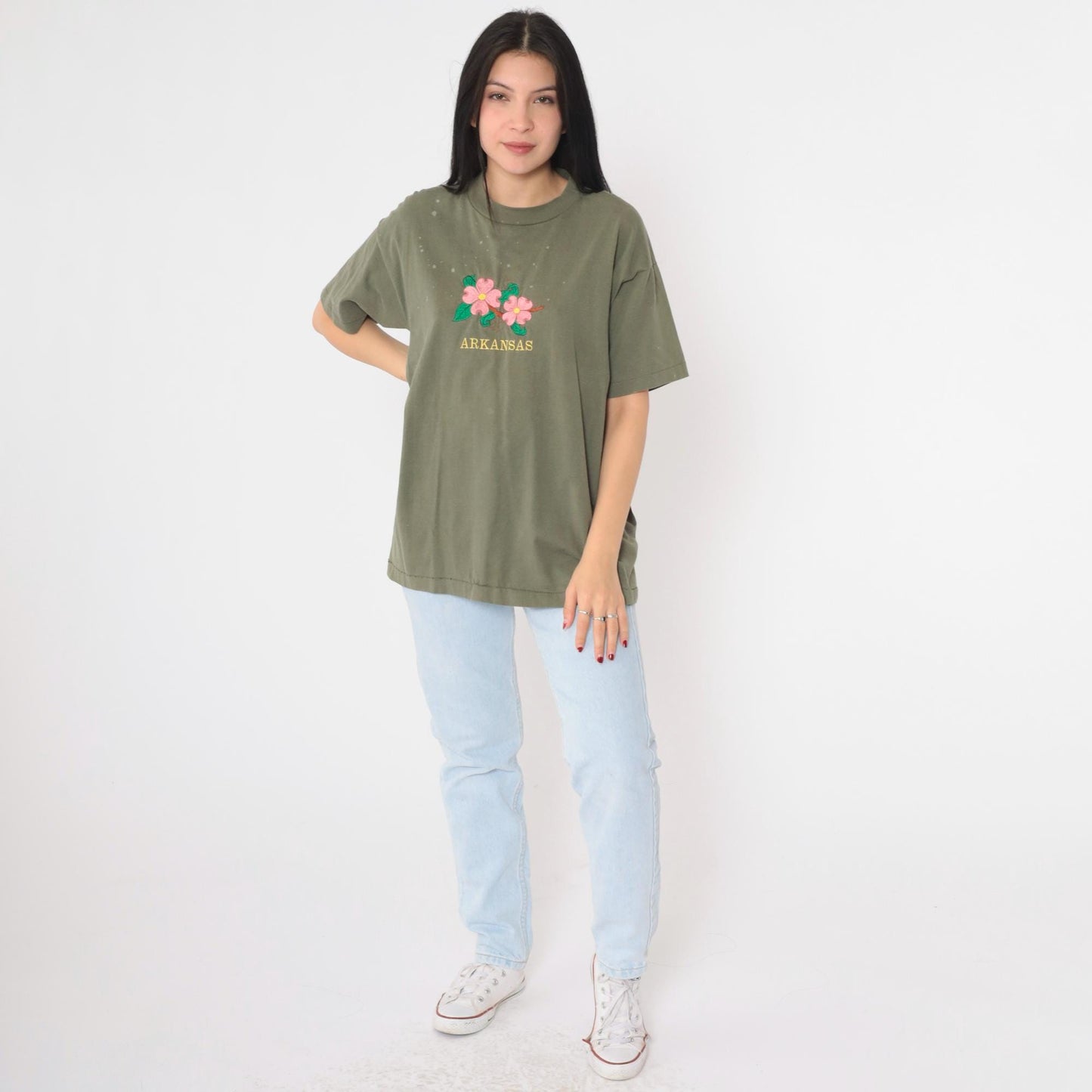 90s Arkansas Embroidered Floral T-Shirt Olive Green Graphic Tee Large