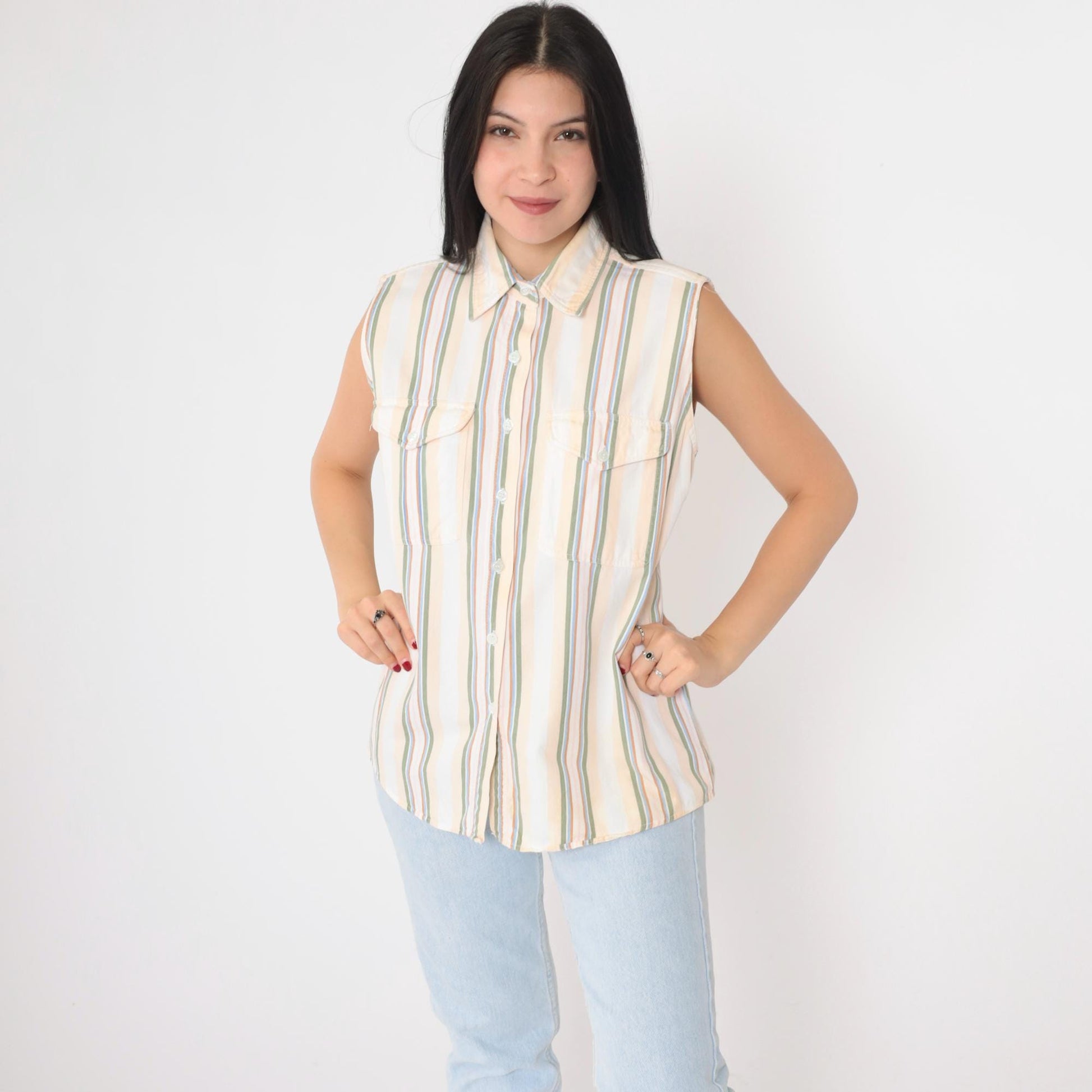 90s Westport Striped Cotton Tank Top Multicolour Chest Pocket Collar Medium M
