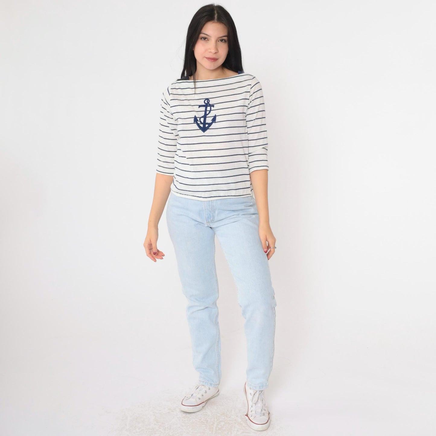 80s Striped Anchor Boatneck T-Shirt White Navy Half Sleeve Small
