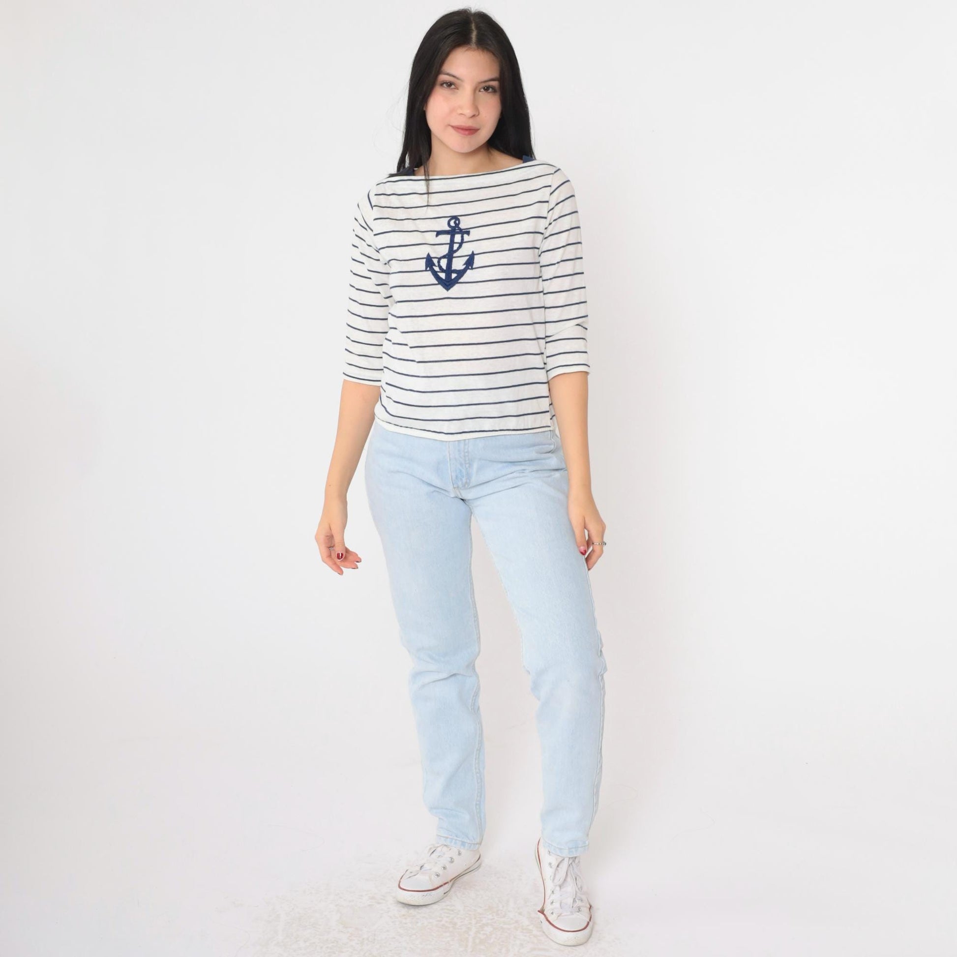 80s Striped Anchor Boatneck T-Shirt White Navy Half Sleeve Small