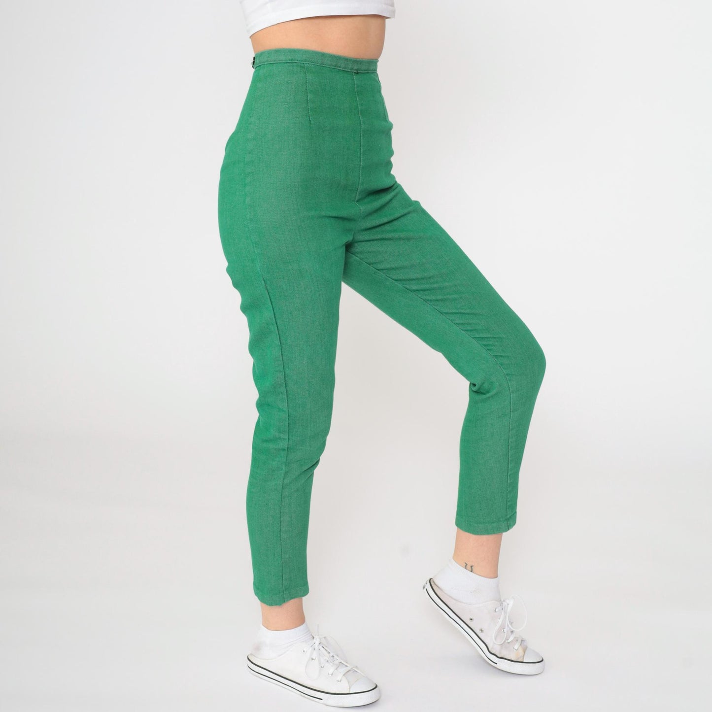 60s Kelly Green High-Waisted Slim Trousers Side Zip Ankle Extra Small