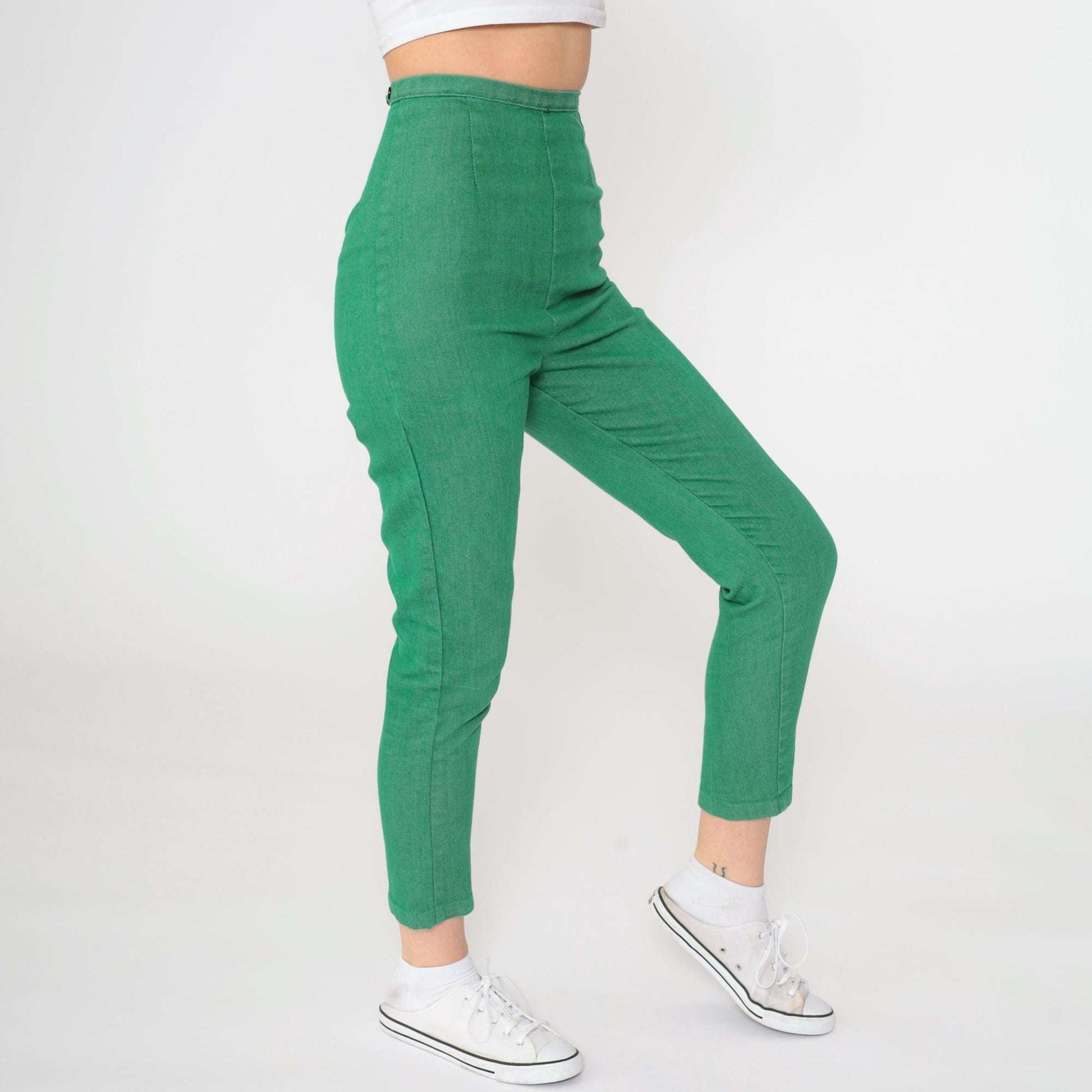 60s Kelly Green High-Waisted Slim Trousers Side Zip Ankle Extra Small
